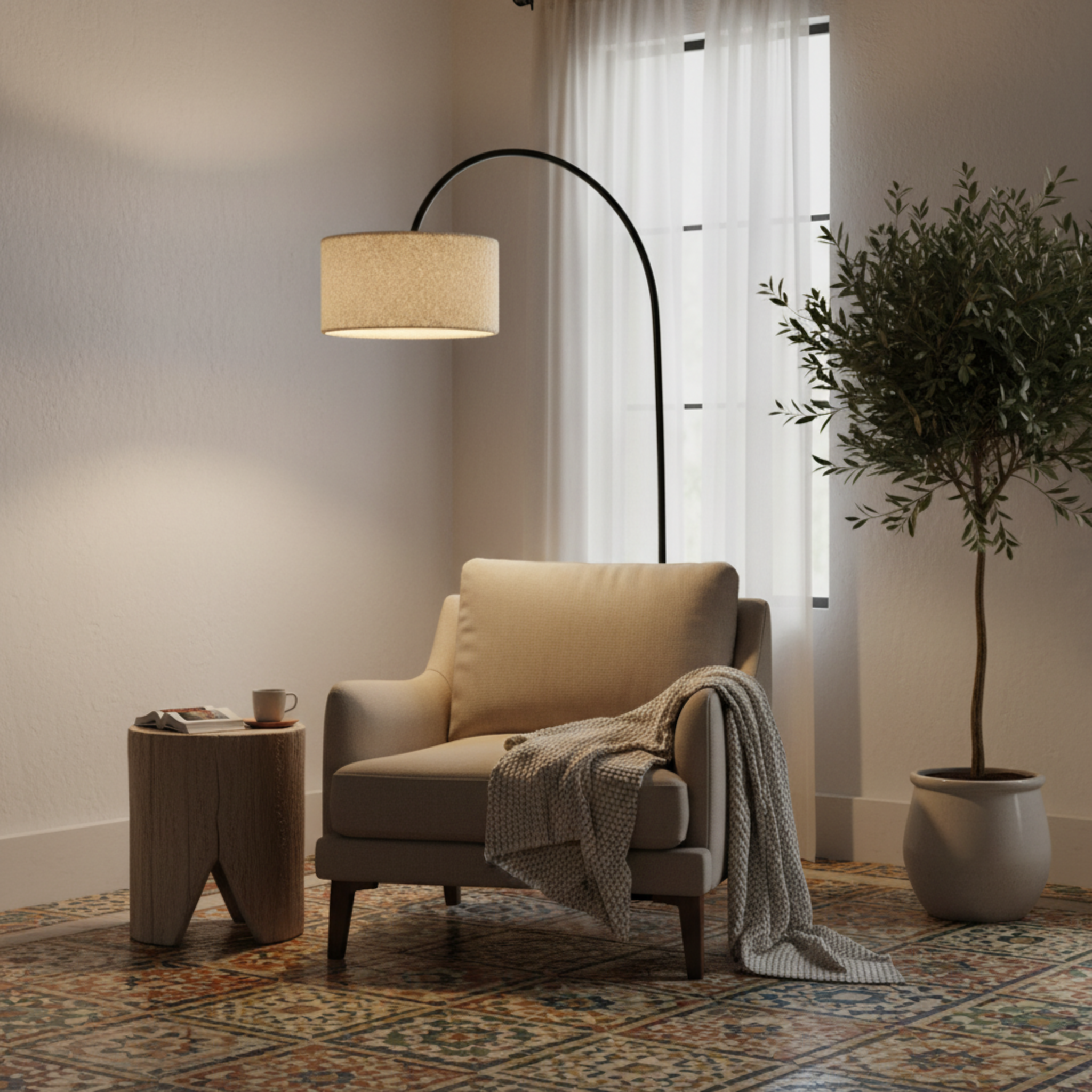 Lampadaire Girafe Design – Arc Métal & Abat-Jour Tissu Bouclette