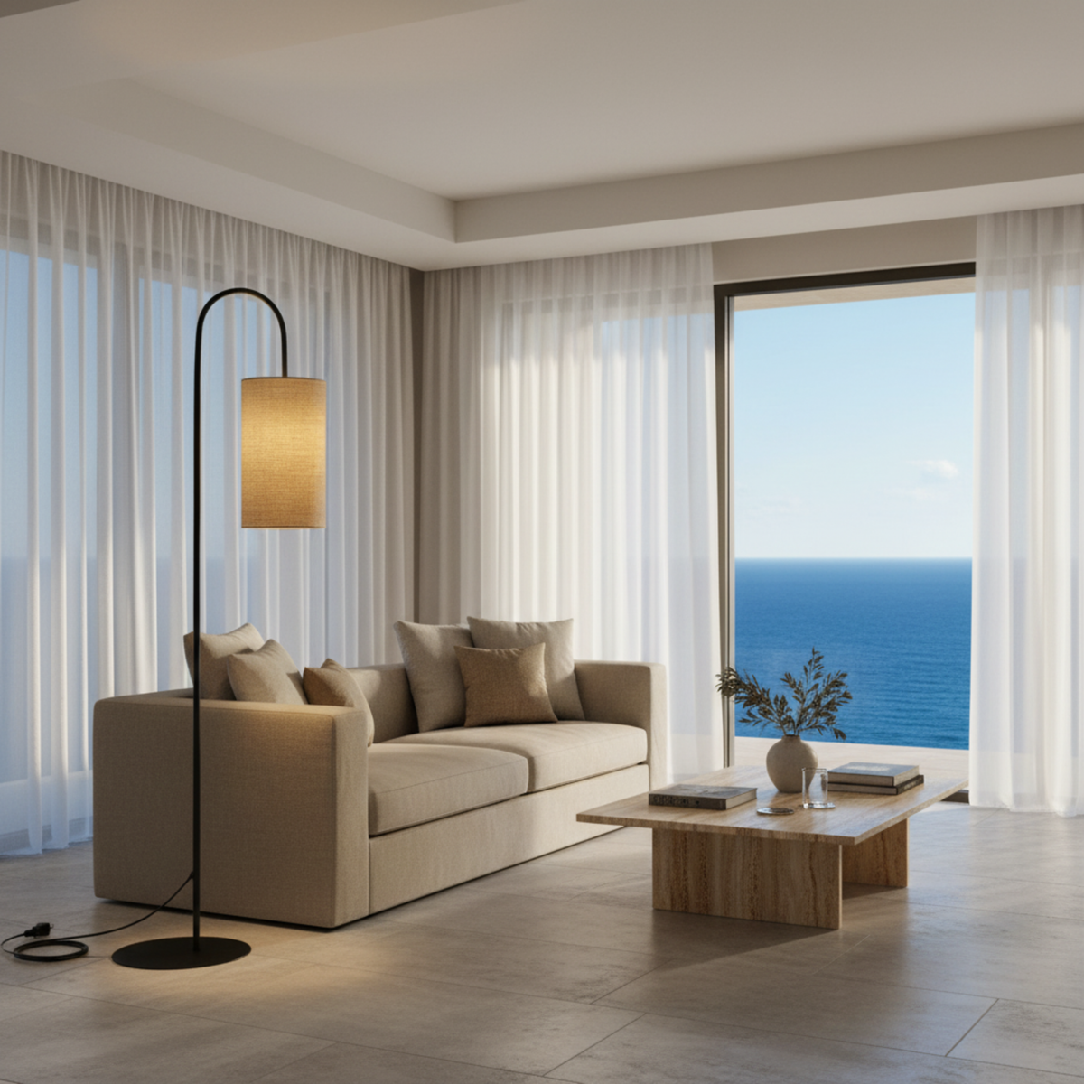 Lampadaire Arc Métal Noir Abat-Jour Lin Beige Design | Fiolla Home