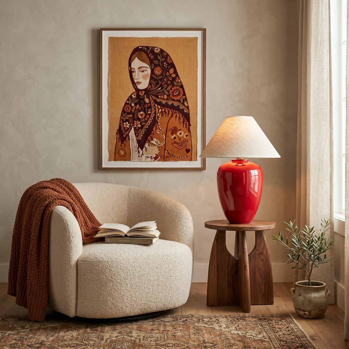 Lampe à Poser Rouge Tunisie | Pied Bois Satiné Élégant | Fiolla Home