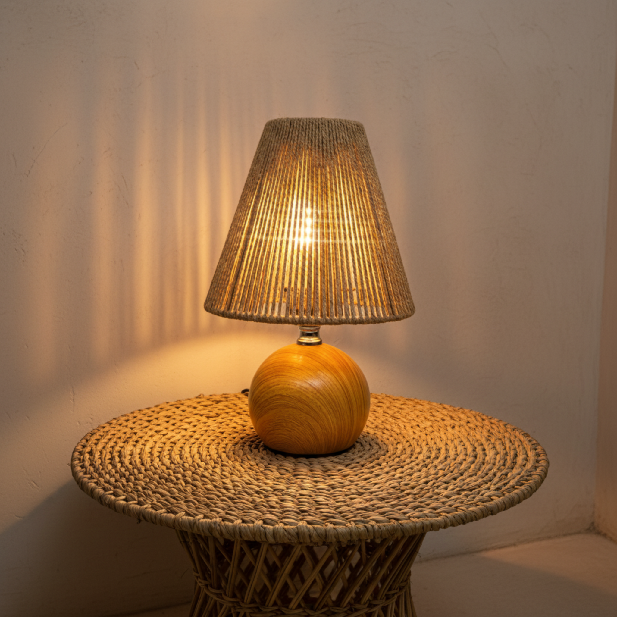 Lampe de Chevet Bohème Bois & Corde – Lumière Douce Tunisie