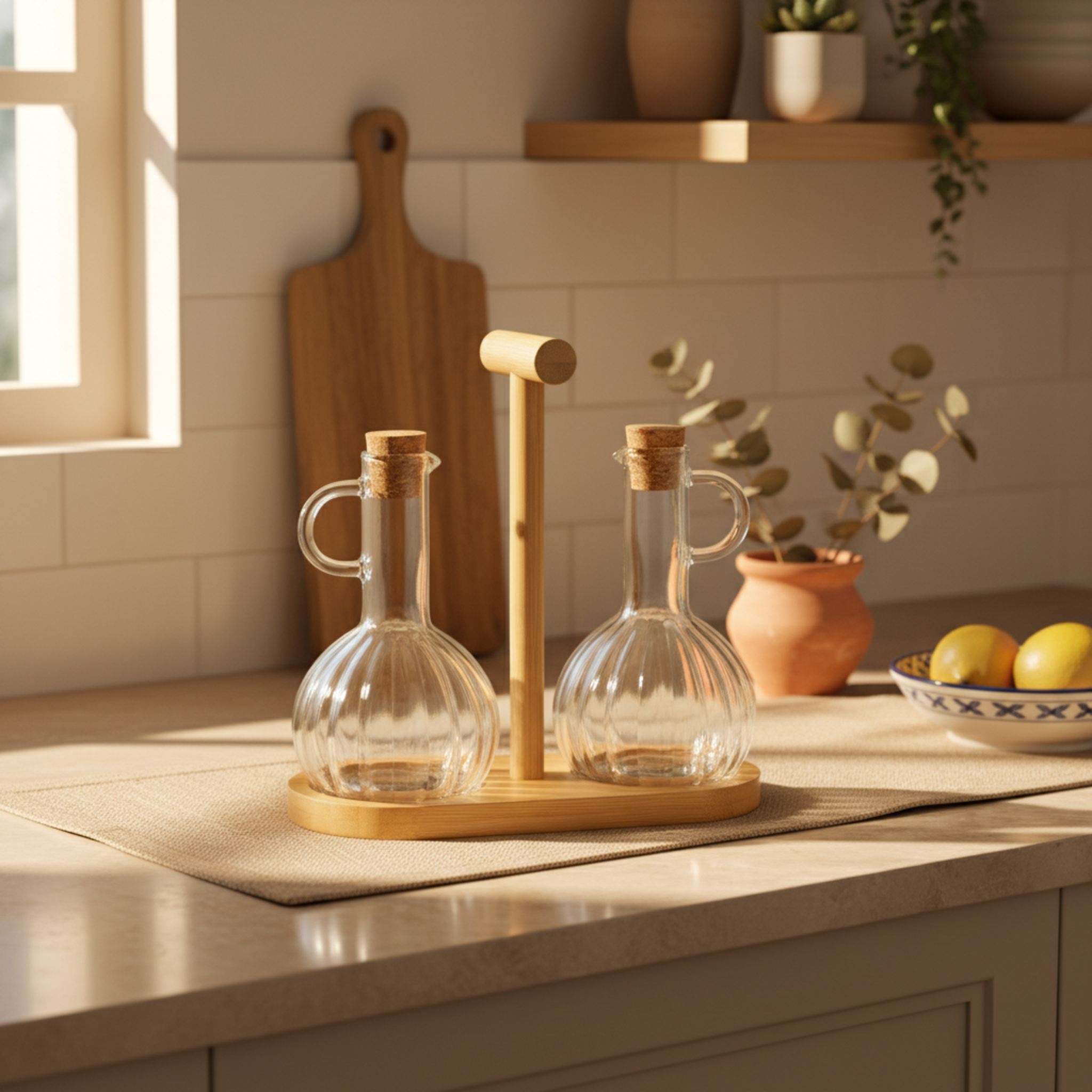 Duo Huilier & Vinaigrier en Verre avec Support Bois – Style Tunisien