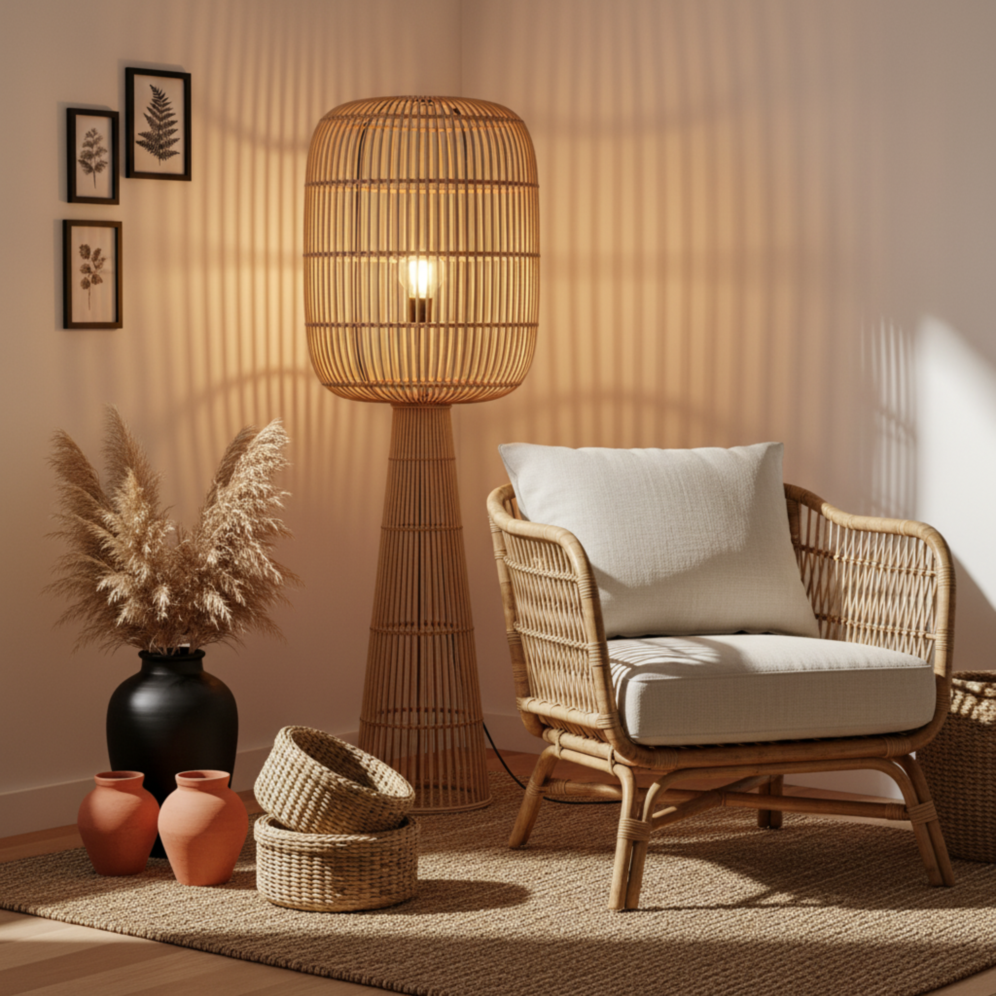 Lampadaire Sur Pied en Rotin Naturel – Design Bohème & Fait Main