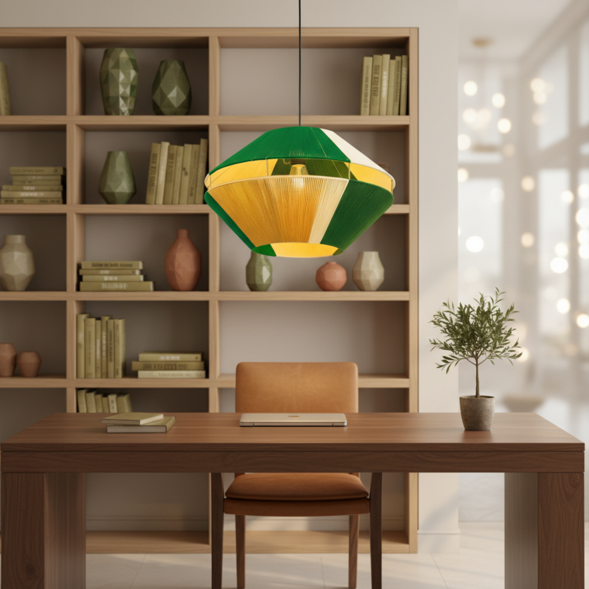 Suspension Géométrique Bicolore Vert & Jaune Fait Main | Design Tunisien Unique