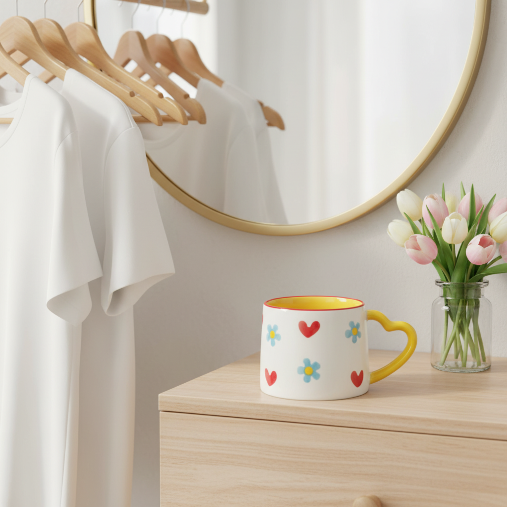 Mug Cœurs et Fleurs | Anse Jaune en Forme de Cœur