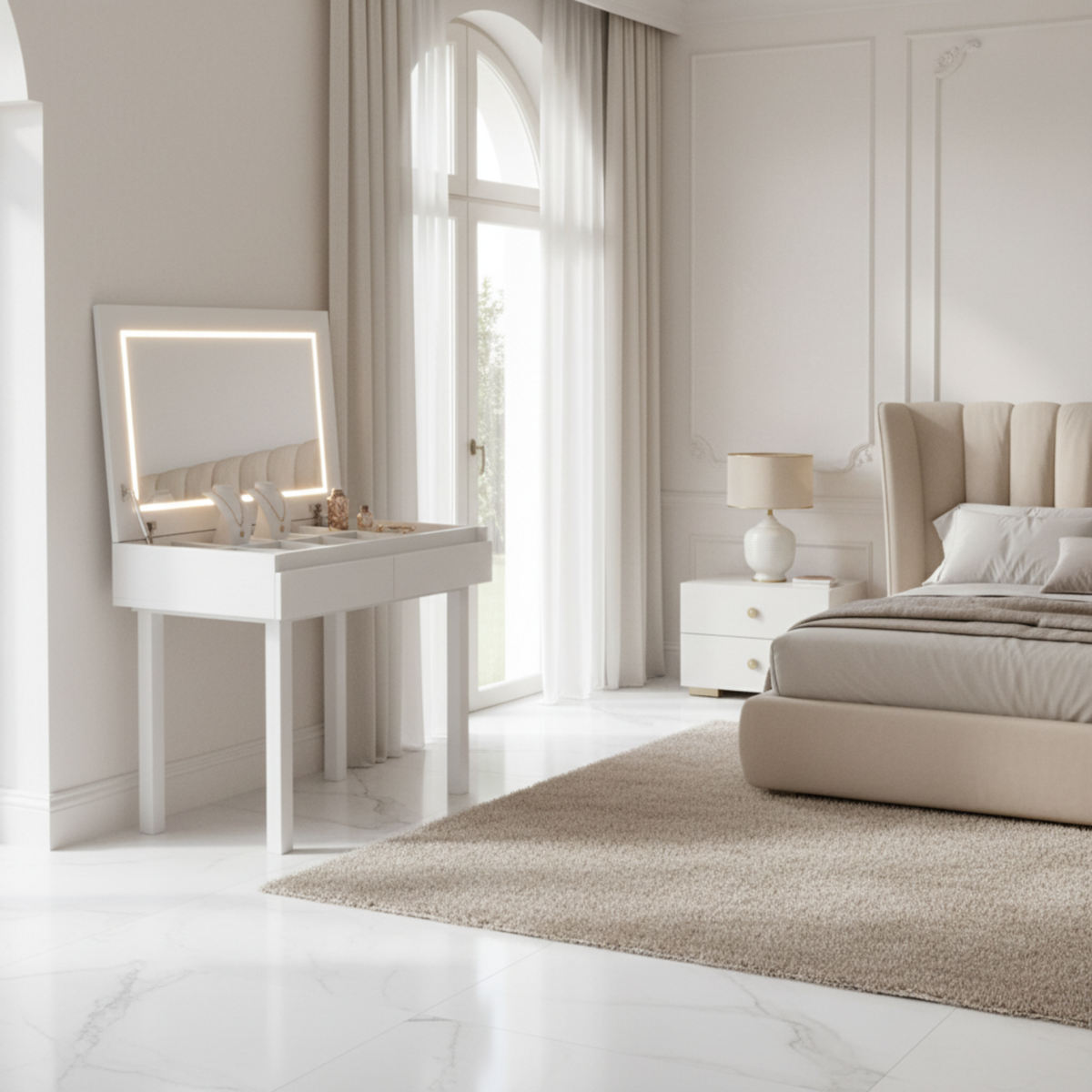 Coiffeuse Bureau 2-en-1 : Miroir LED & Rangement Spacieux - Blanc