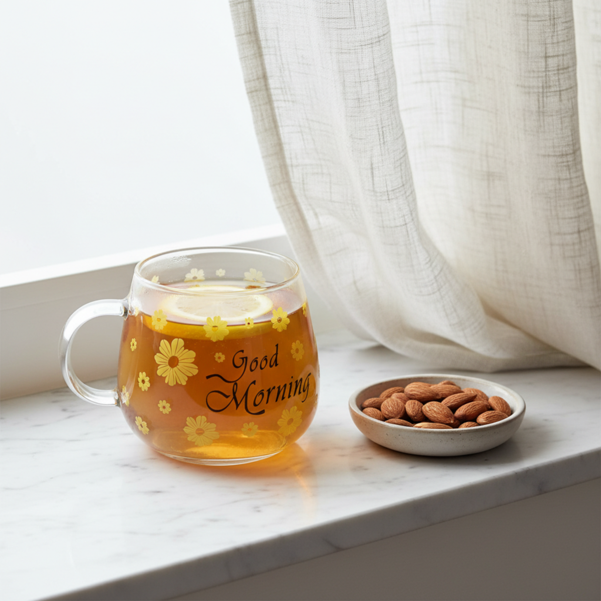 Mug en Verre Fleur Jaune "Good Morning" – Tasse Café & Latte Design