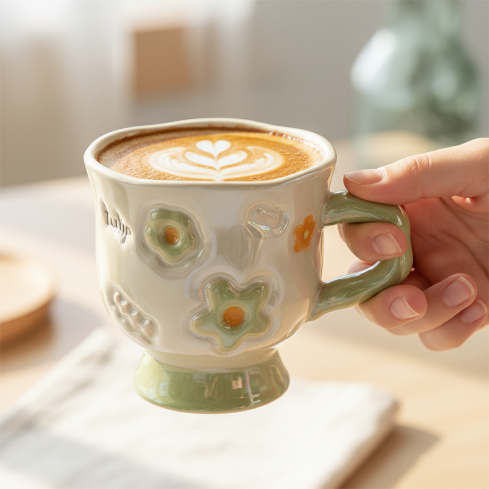 Mug Vert Design Fleur en Relief en Céramique – Style Moderne Tunisie