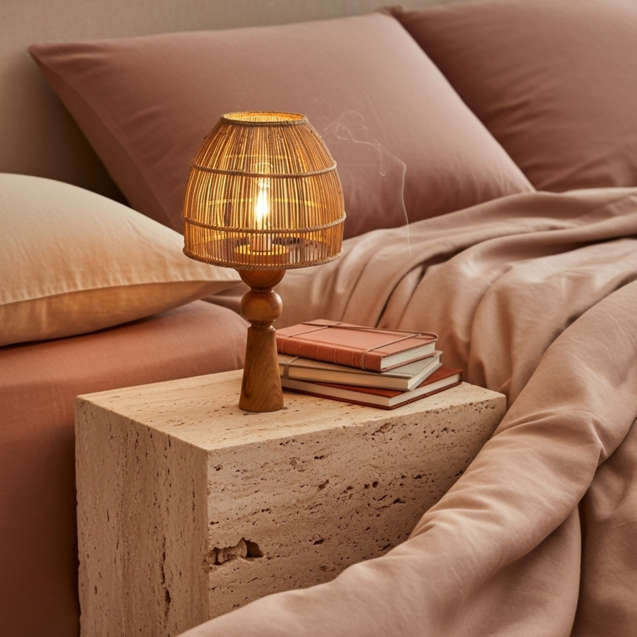 Lampe de table artisanale – base en bois d’olivier & abat-jour en fibres de palmier
