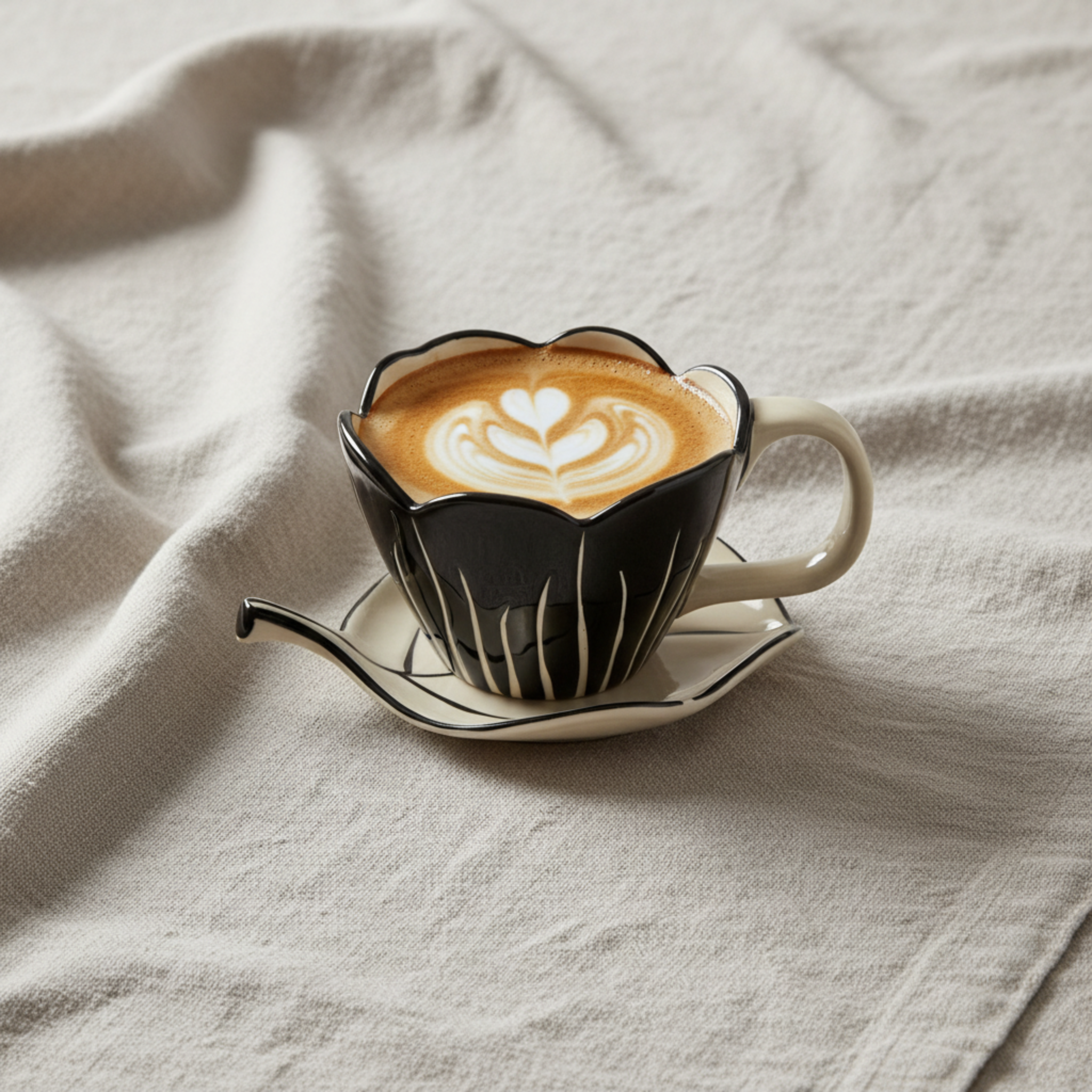 Mug Fleur Noir en Céramique avec Sous-Tasse – Élégance Premium