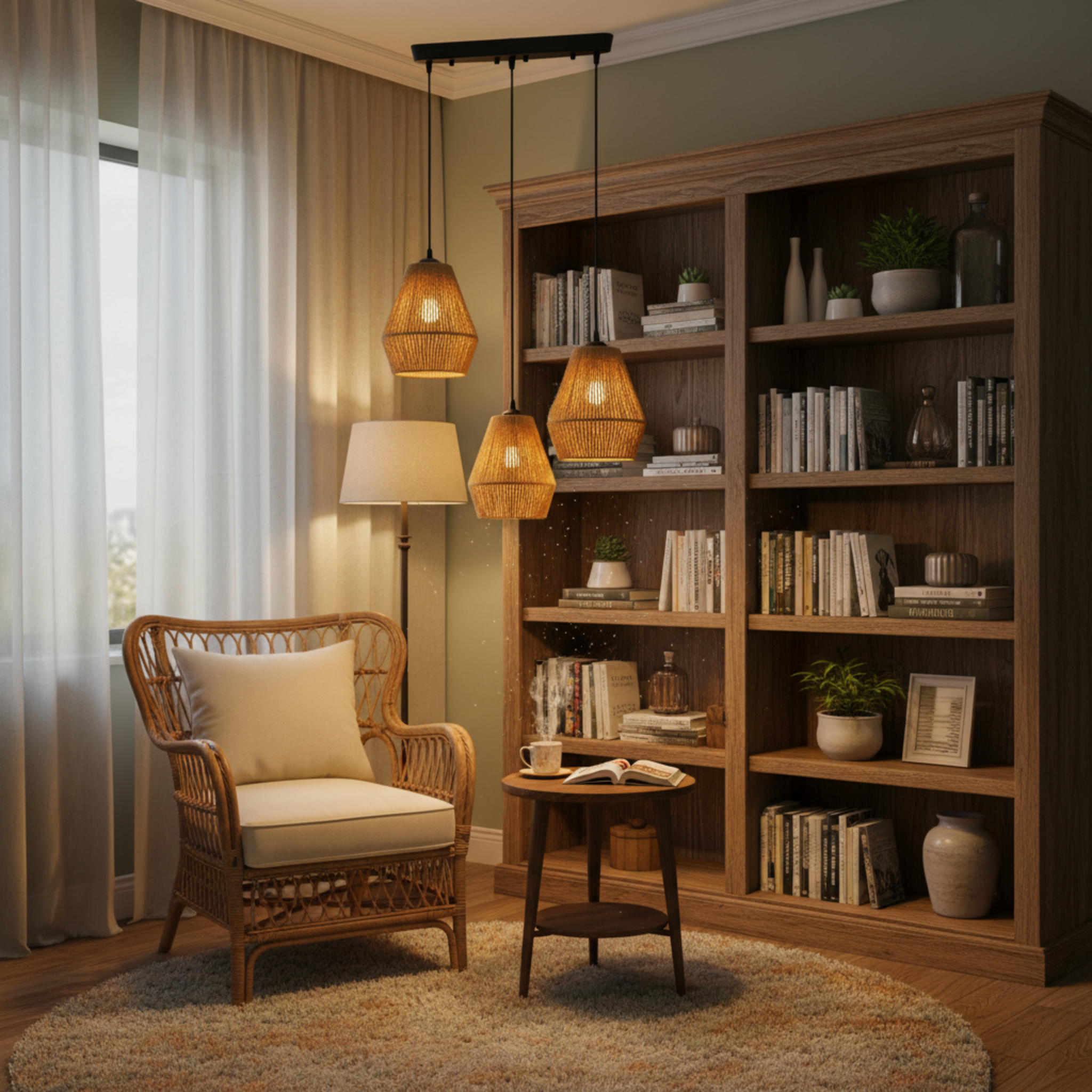 Suspension Barre 3 Lampes "Trio" – Lustre en Jute Tressé pour Îlot