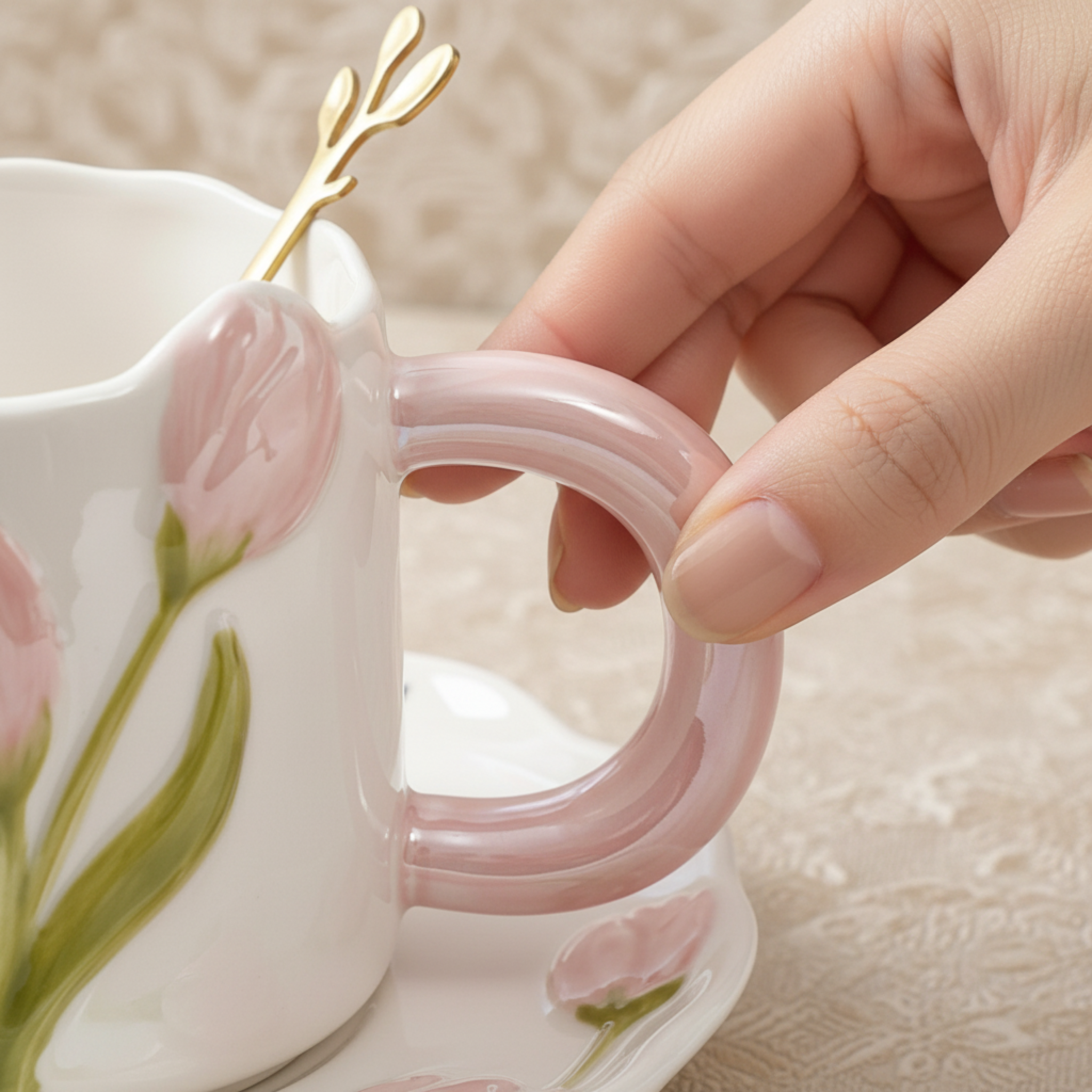 Mug Tulipe Rose en Céramique avec Sous-Tasse – Édition Élégante