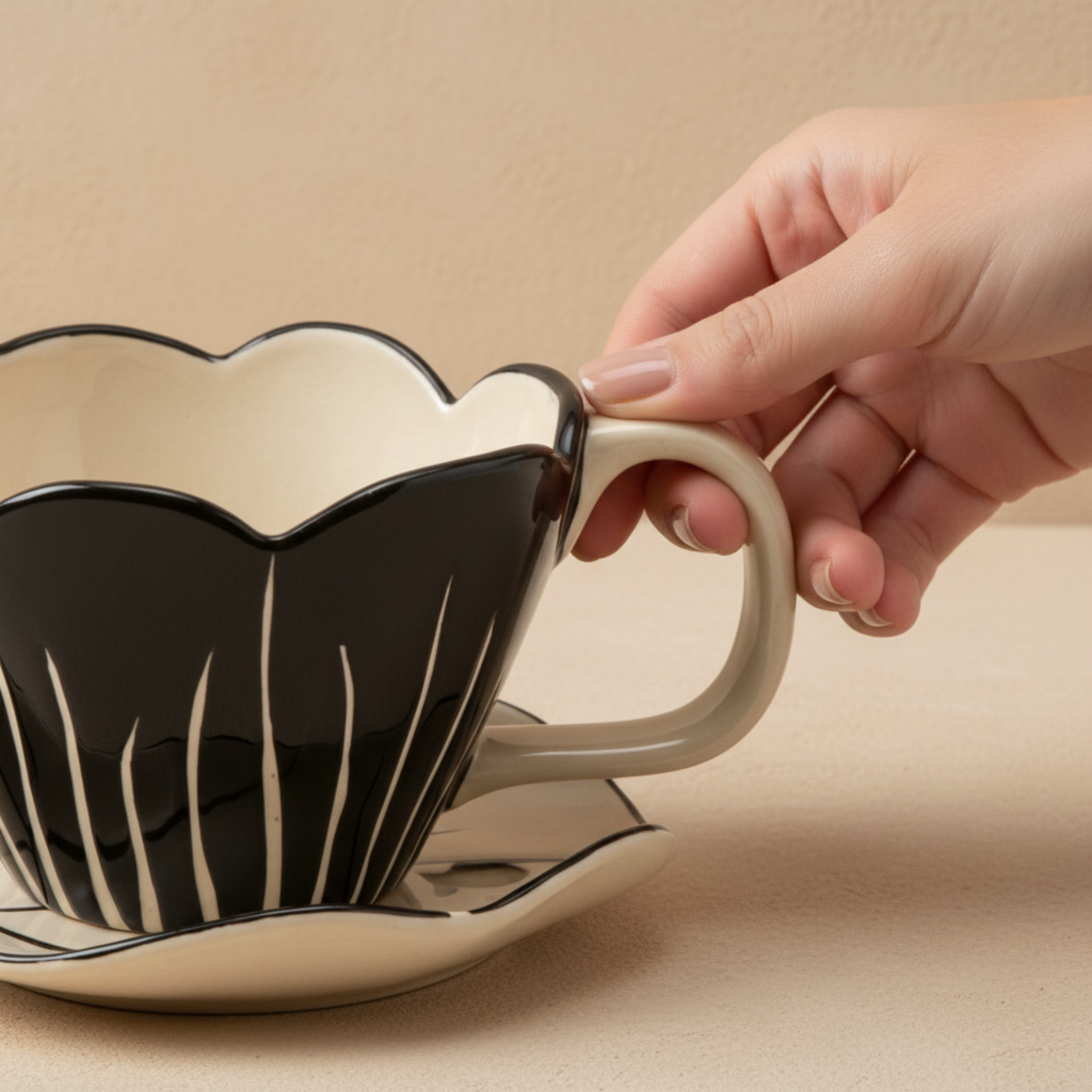 Mug Fleur Noir en Céramique avec Sous-Tasse – Élégance Premium