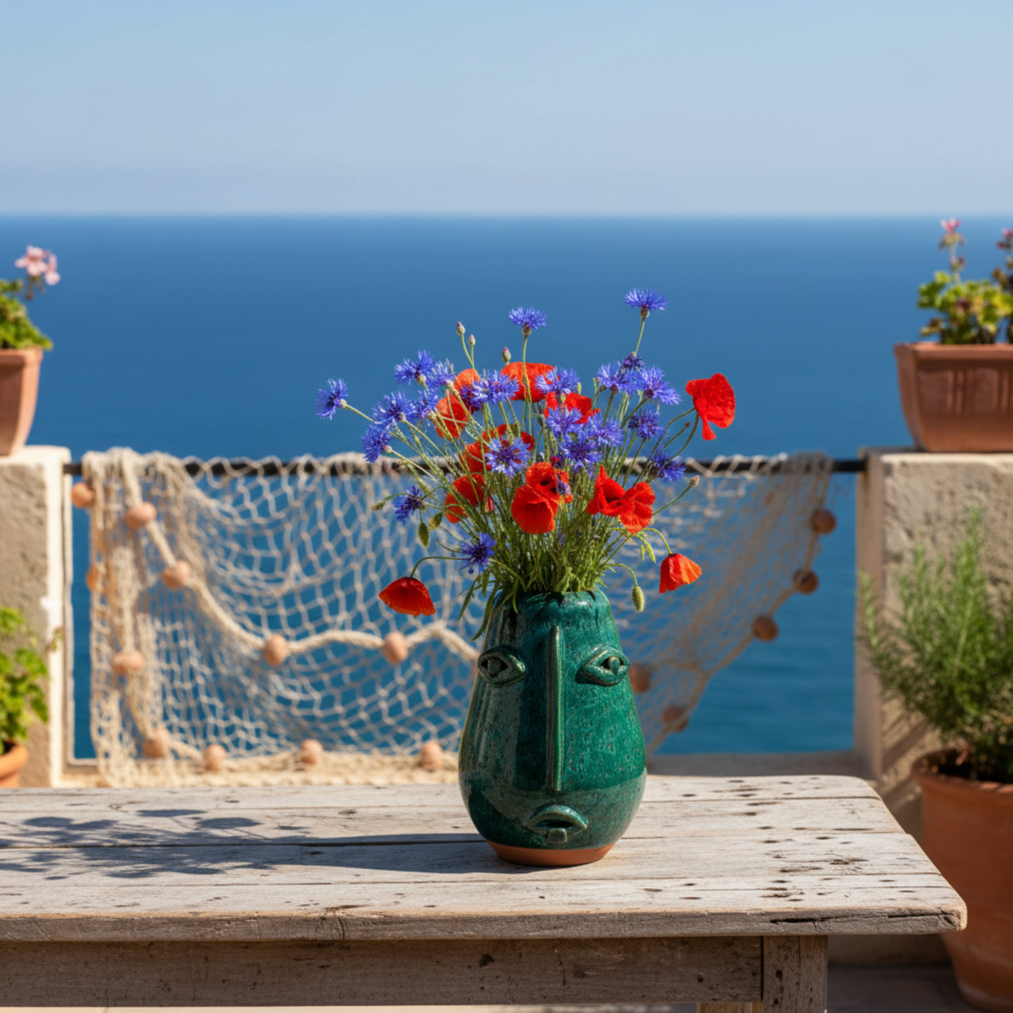 Vase Visage en Céramique Émaillée – Vert Émeraude, style tunisien