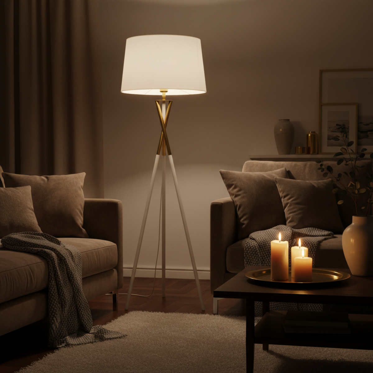 Lampadaire Trépied "Luxe Blanc & Or" – Design Scandinave Chic Tunisie