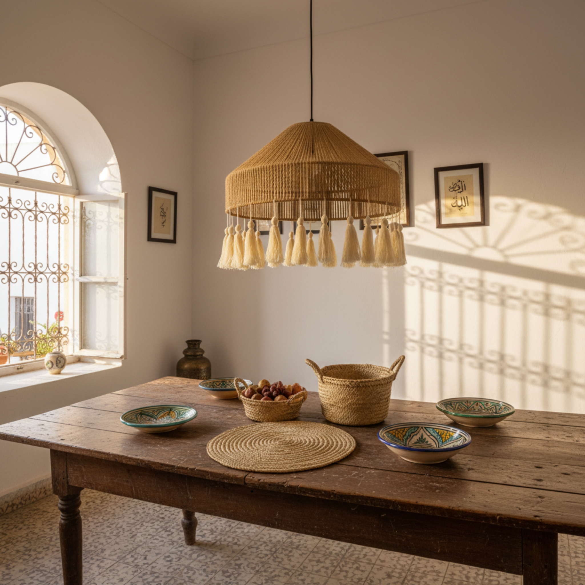 Suspension "Elyssa" Double Niveau en Jute Naturel et Pompons