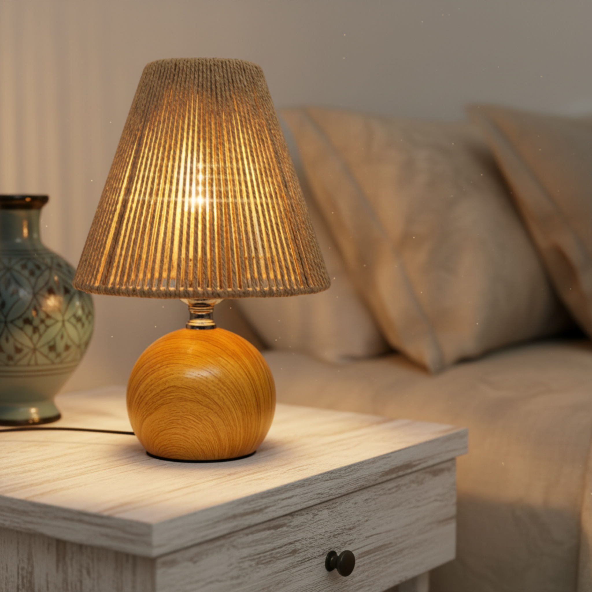 Lampe de Chevet Bohème Bois & Corde – Lumière Douce Tunisie