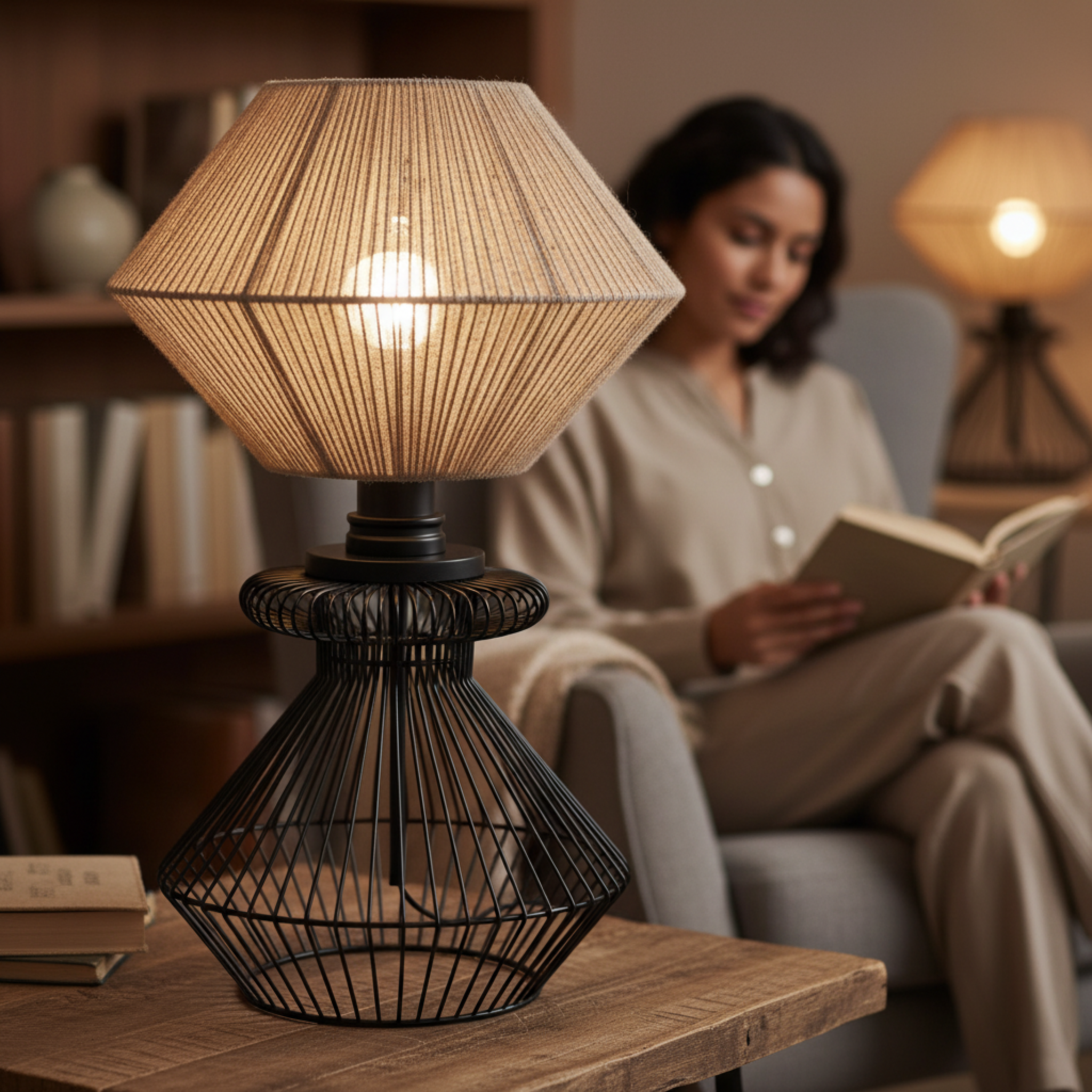 Lampe de Table Design en Jute et Métal Noir | Fait Main | Tunisie