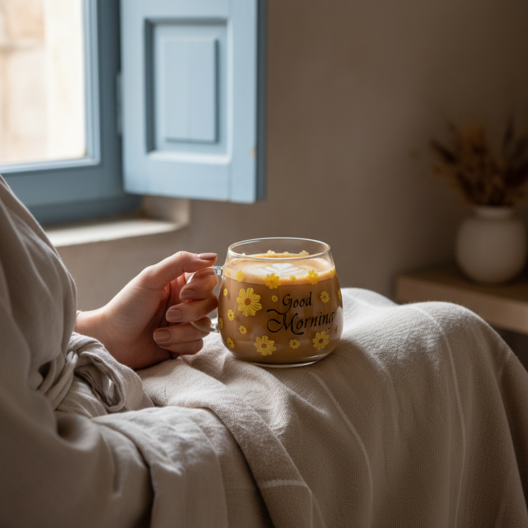Mug en Verre Fleur Jaune "Good Morning" – Tasse Café & Latte Design