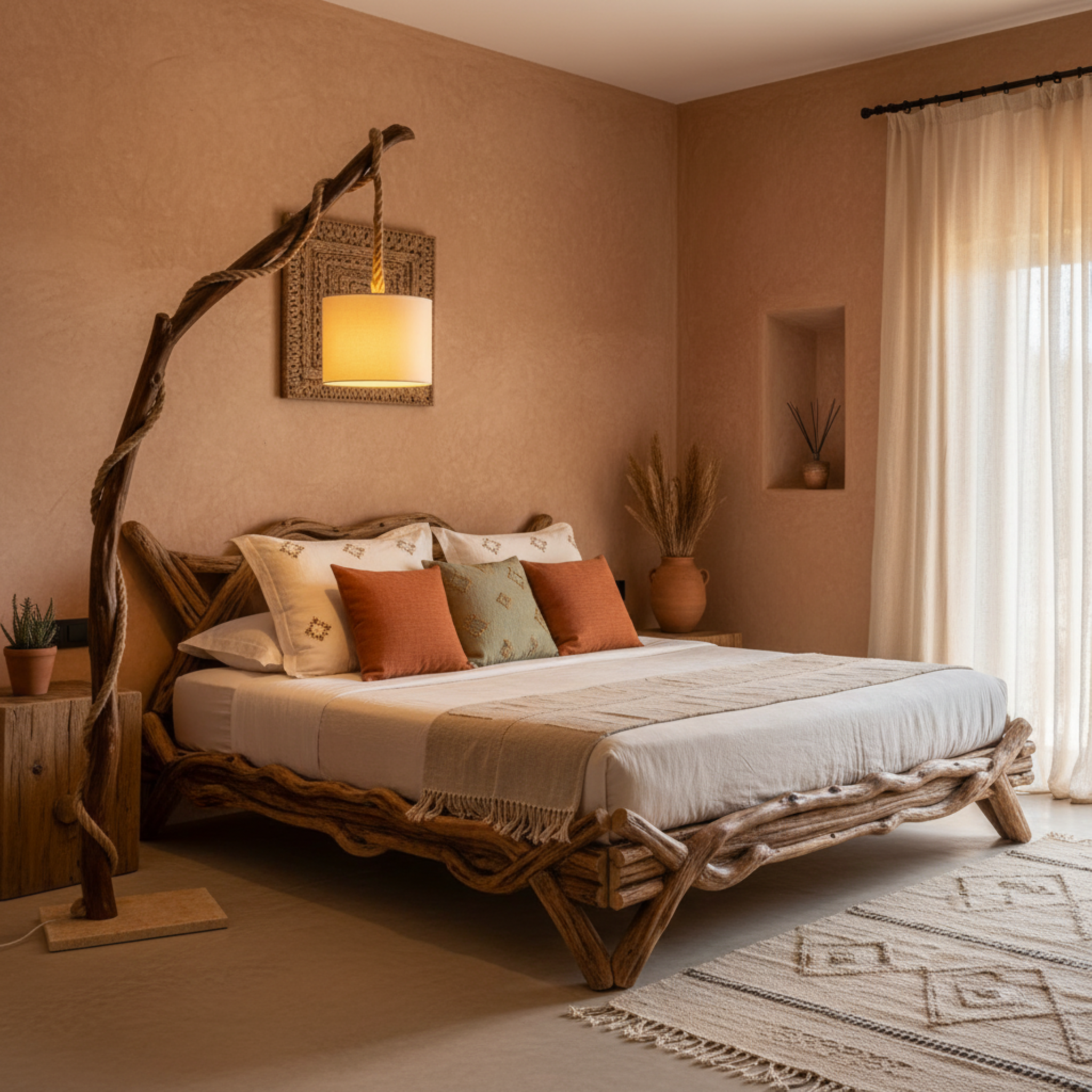 Lampadaire Tronc d'Arbre Naturel Artisanat Tunisien