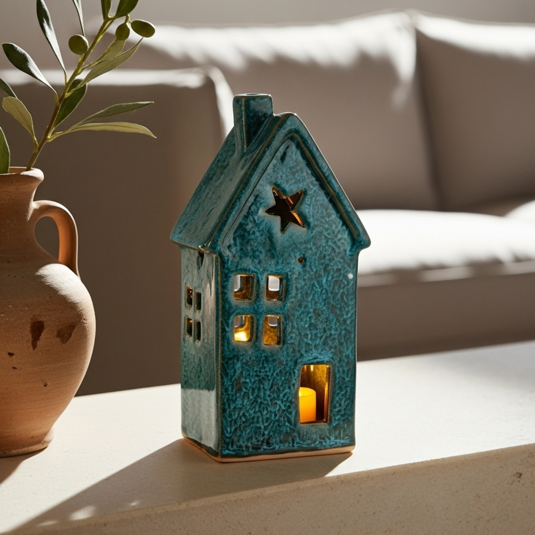 Cache-Bougie Maison en Céramique Turquoise – Fait Main en Tunisie