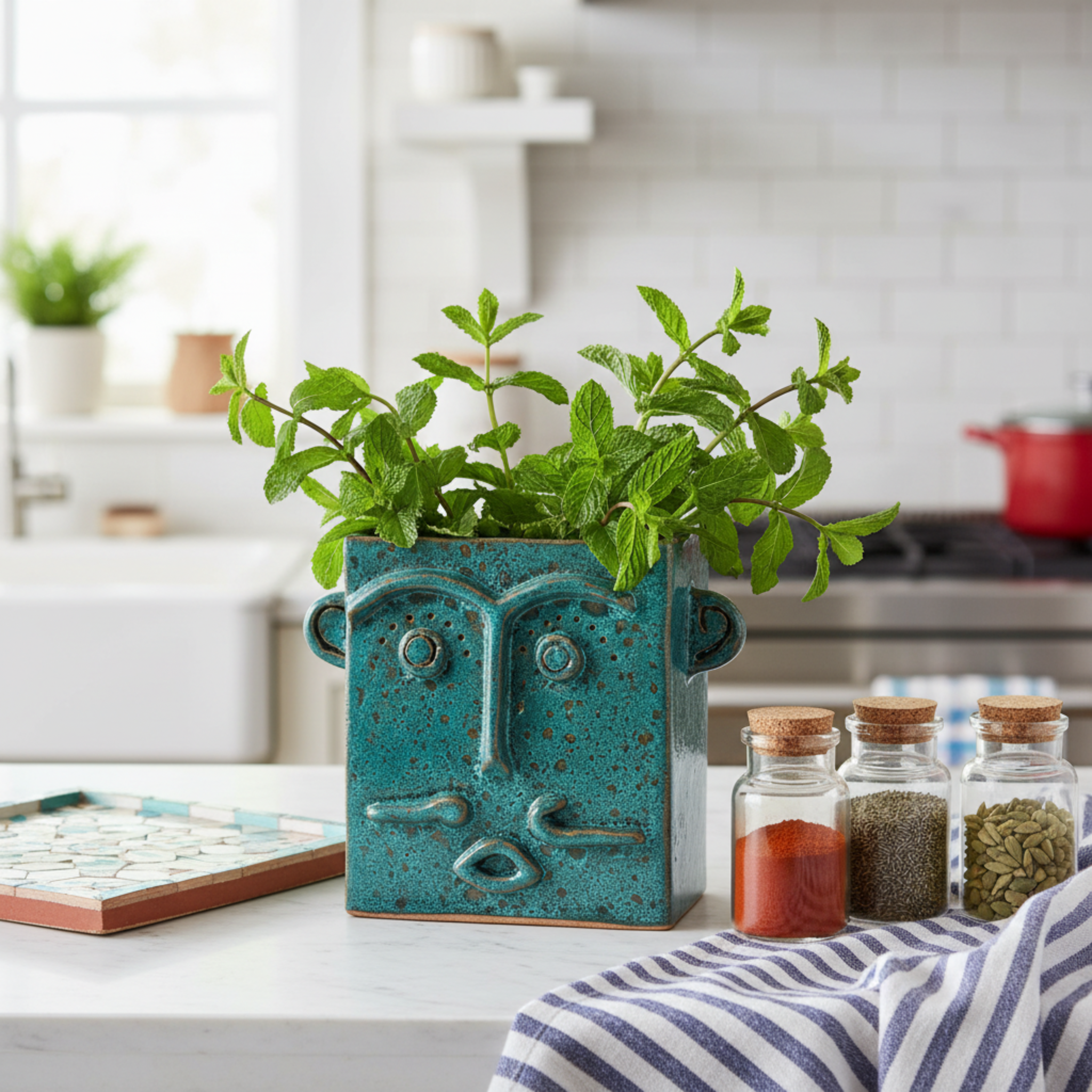 Vase Visage Carré en Céramique – Émail Émeraude Tunisien