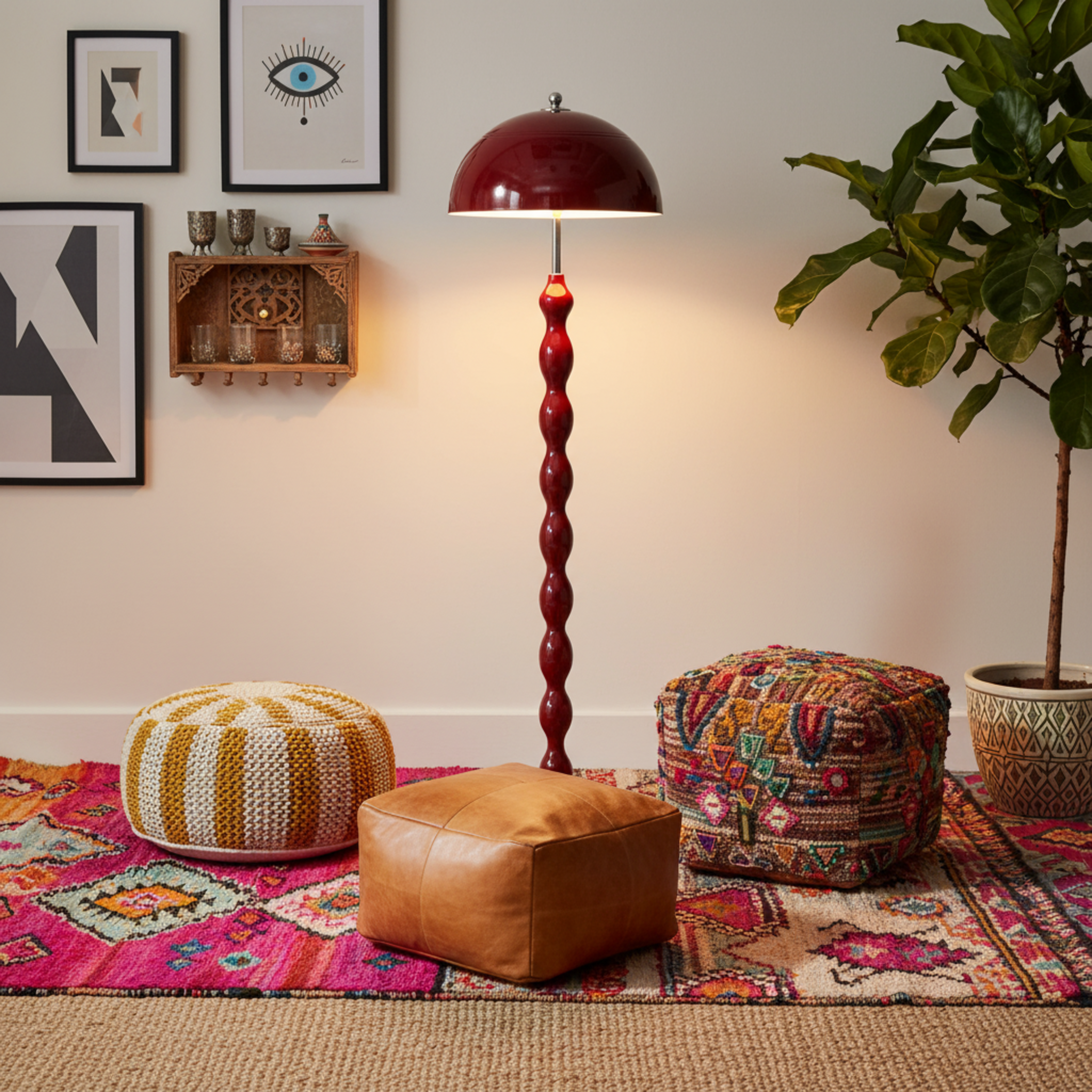 Lampadaire Design "Totem" Rouge Laqué | Luminaire Salon & Décoration Bohème Tunisie