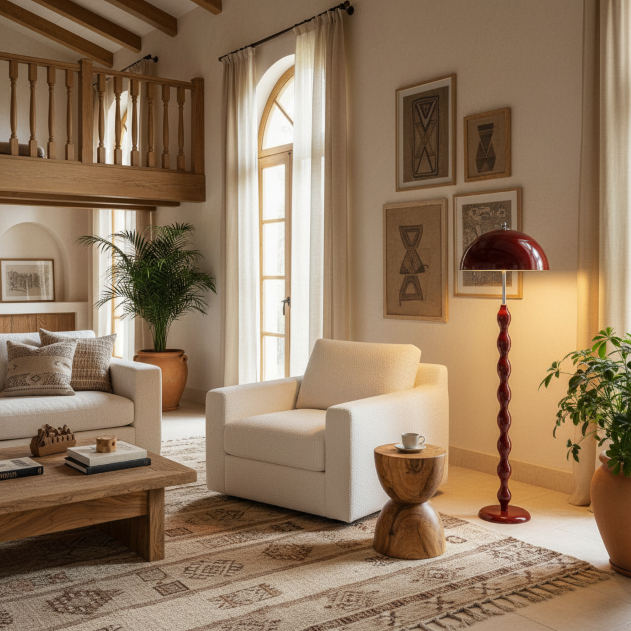 Lampadaire Design "Totem" Rouge Laqué | Luminaire Salon & Décoration Bohème Tunisie