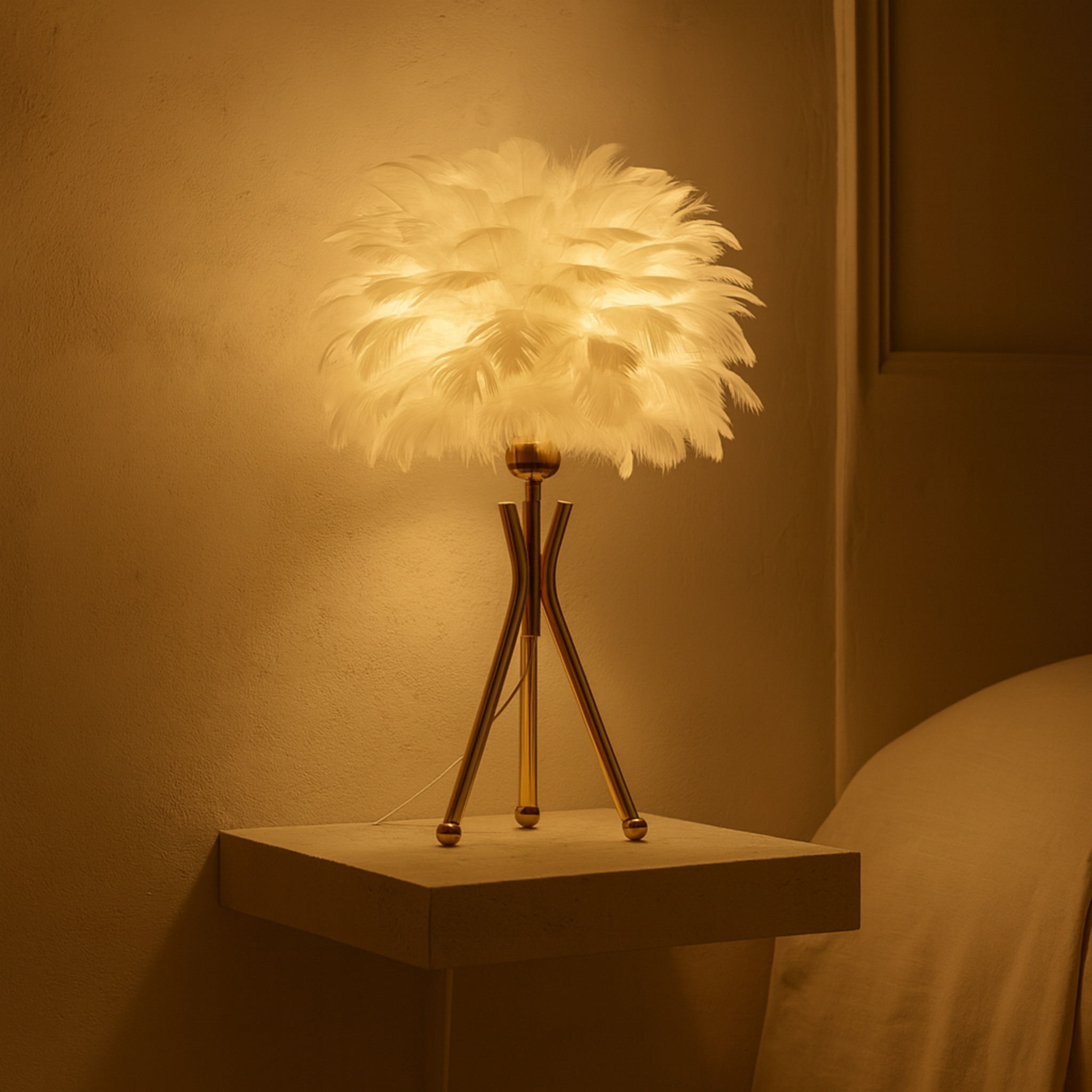 Lampe de Chevet à Plumes Blanc & Doré – Style Glamour Chic