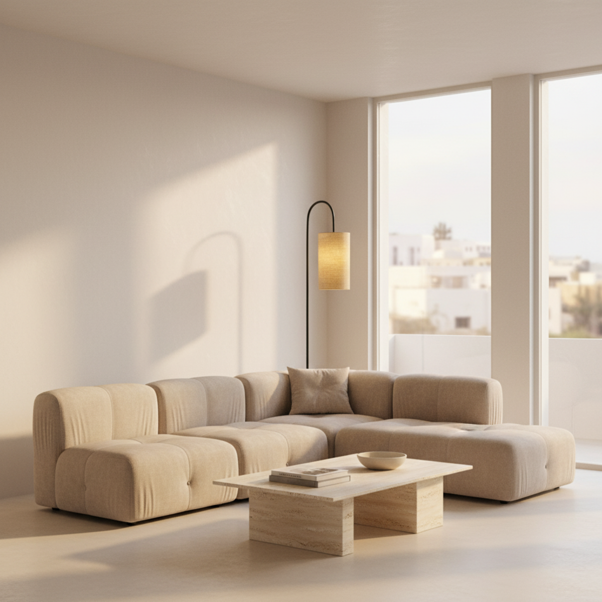 Lampadaire Arc Métal Noir Abat-Jour Lin Beige Design | Fiolla Home