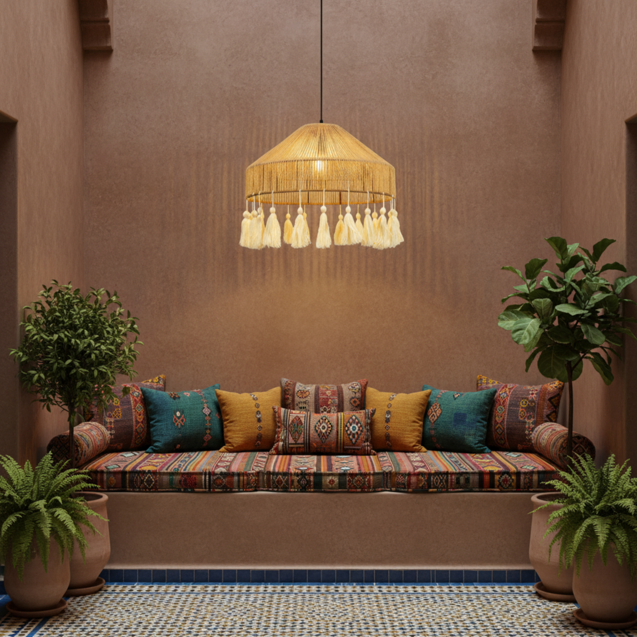 Suspension "Elyssa" Double Niveau en Jute Naturel et Pompons