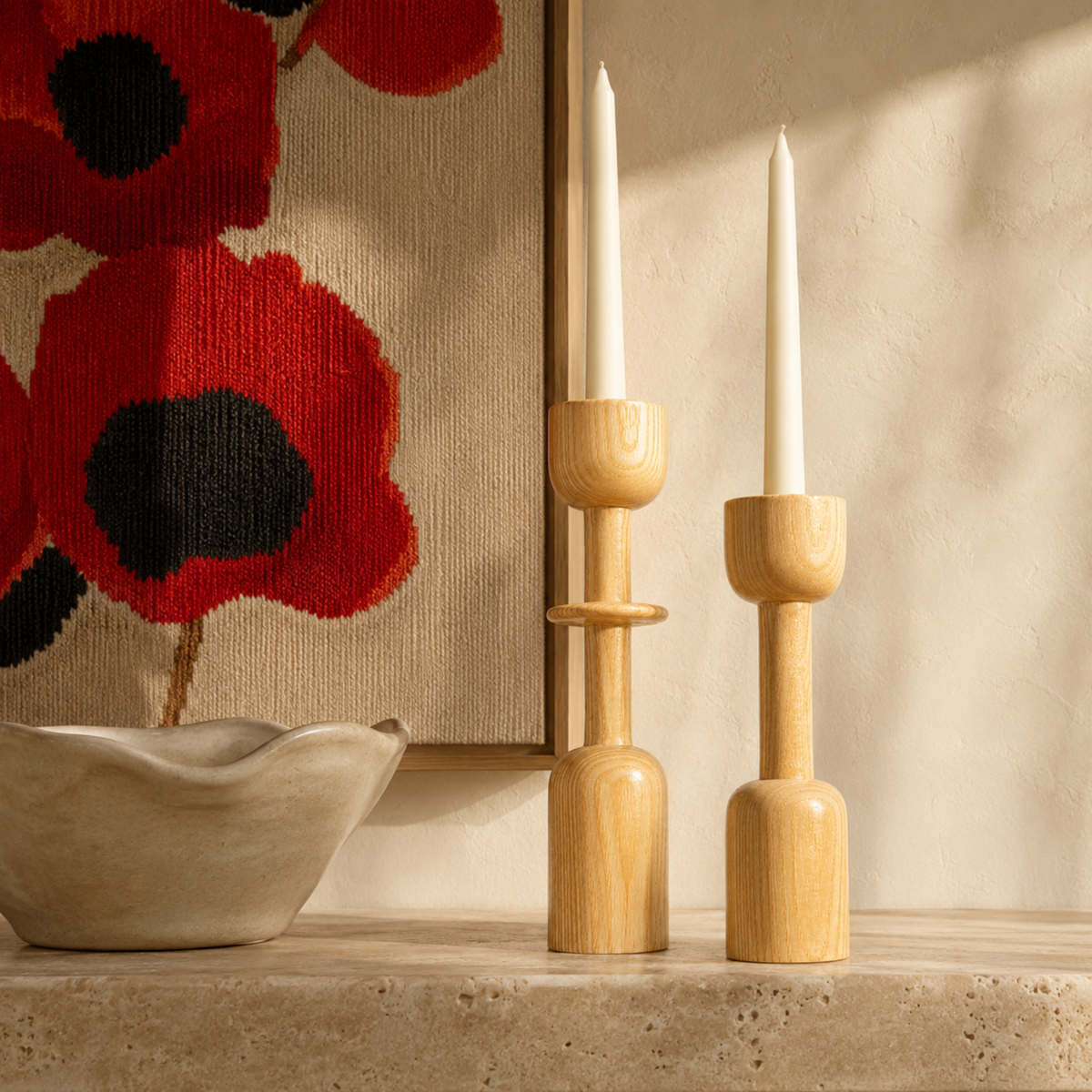 Lot 2 Bougeoirs Bois Tunisie | Porte-Bougies Clair Artisanal | Fiolla Home
