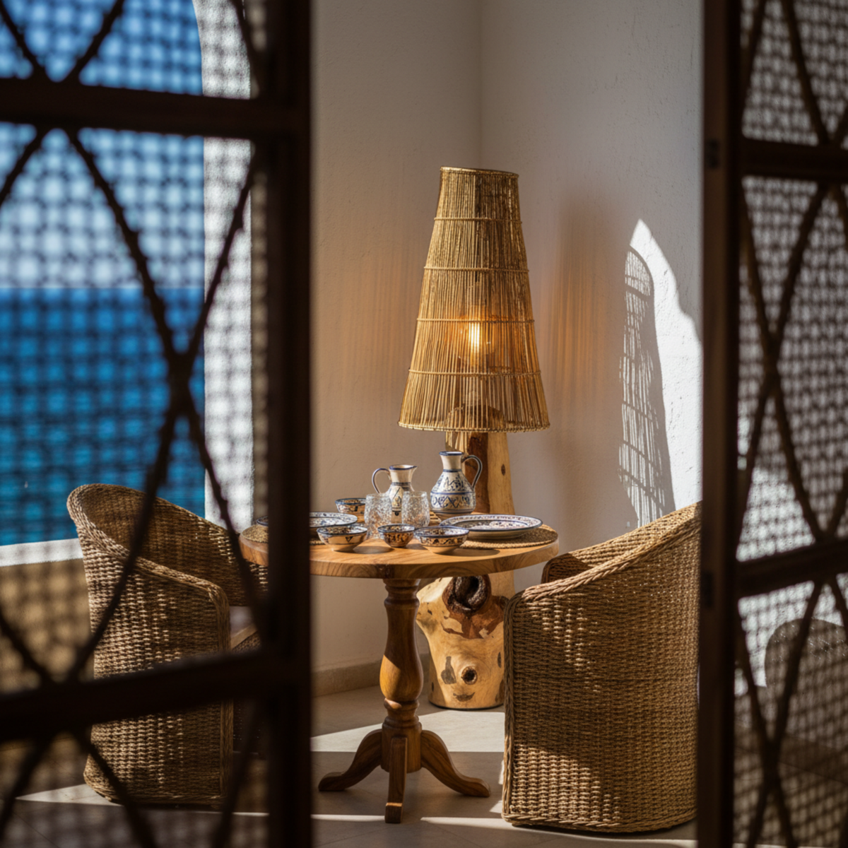 Lampadaire Artisanal Bois & Fibres de Palmier Fait Main | Fiolla Home