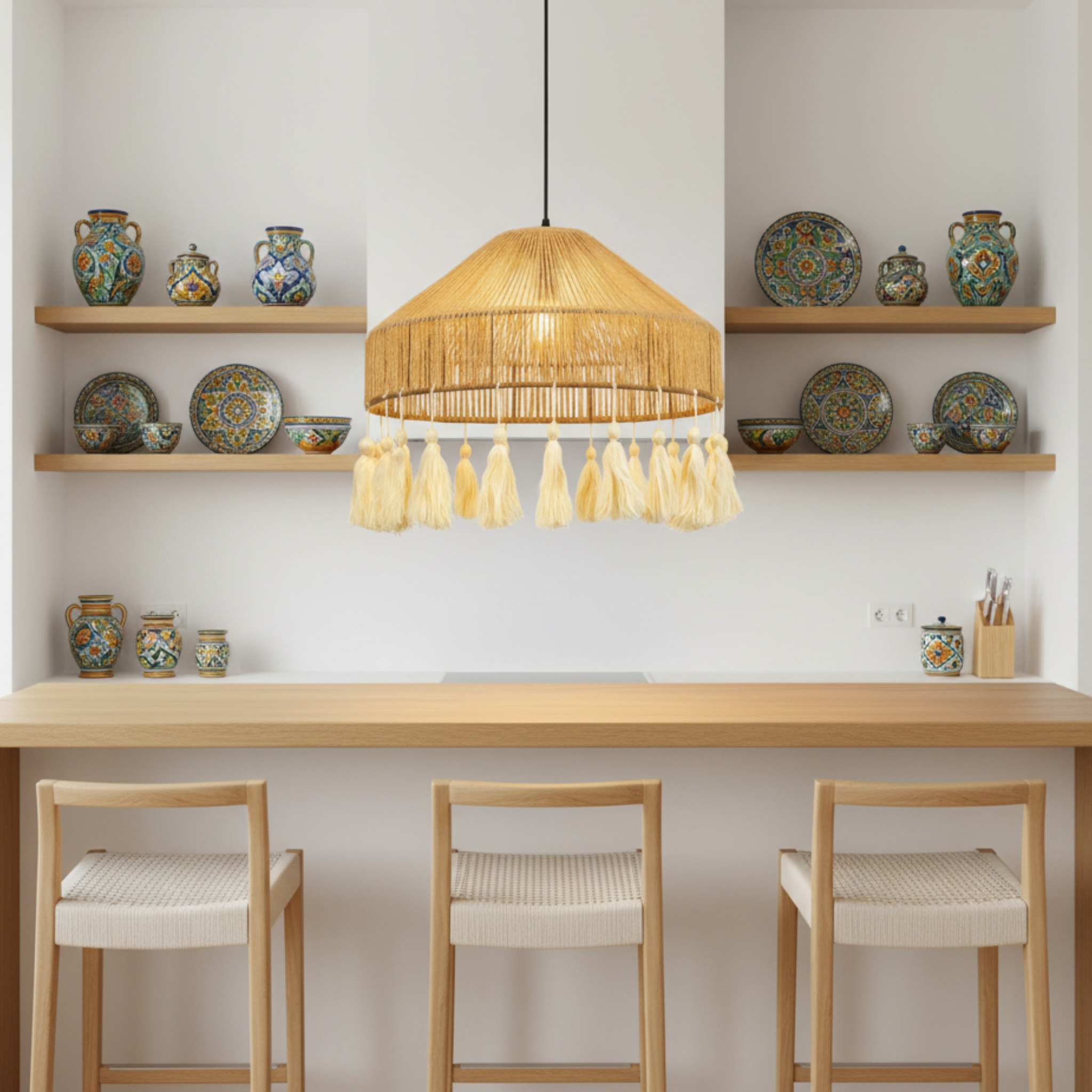 Suspension "Elyssa" Double Niveau en Jute Naturel et Pompons