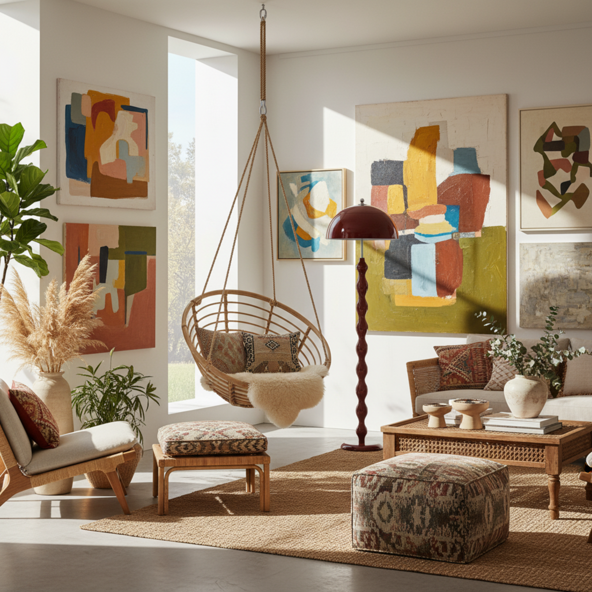 Lampadaire Design "Totem" Rouge Laqué | Luminaire Salon & Décoration Bohème Tunisie