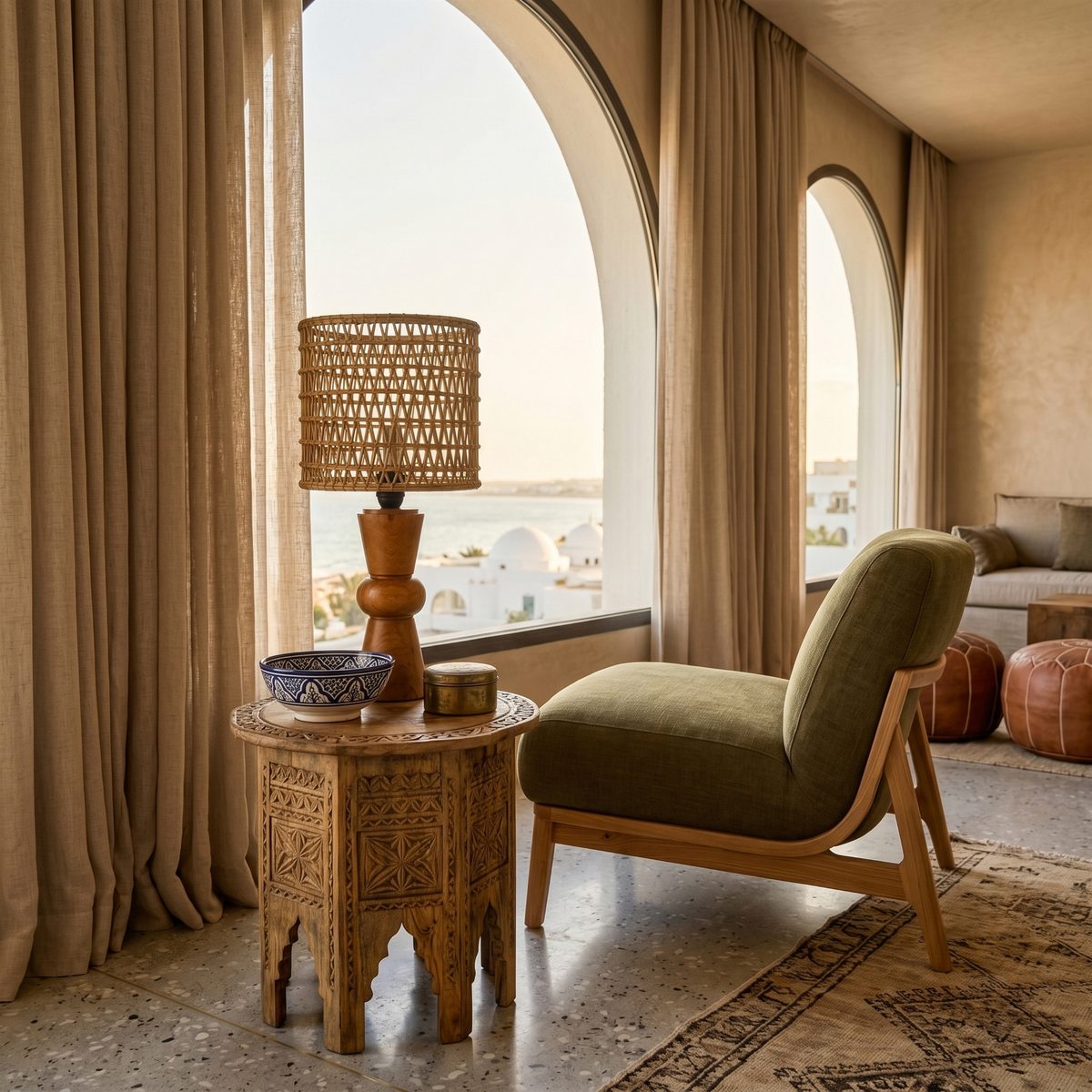 Lampe à Poser Bois d'Olivier Fibres de Palmier Tunisie | Fiolla Home