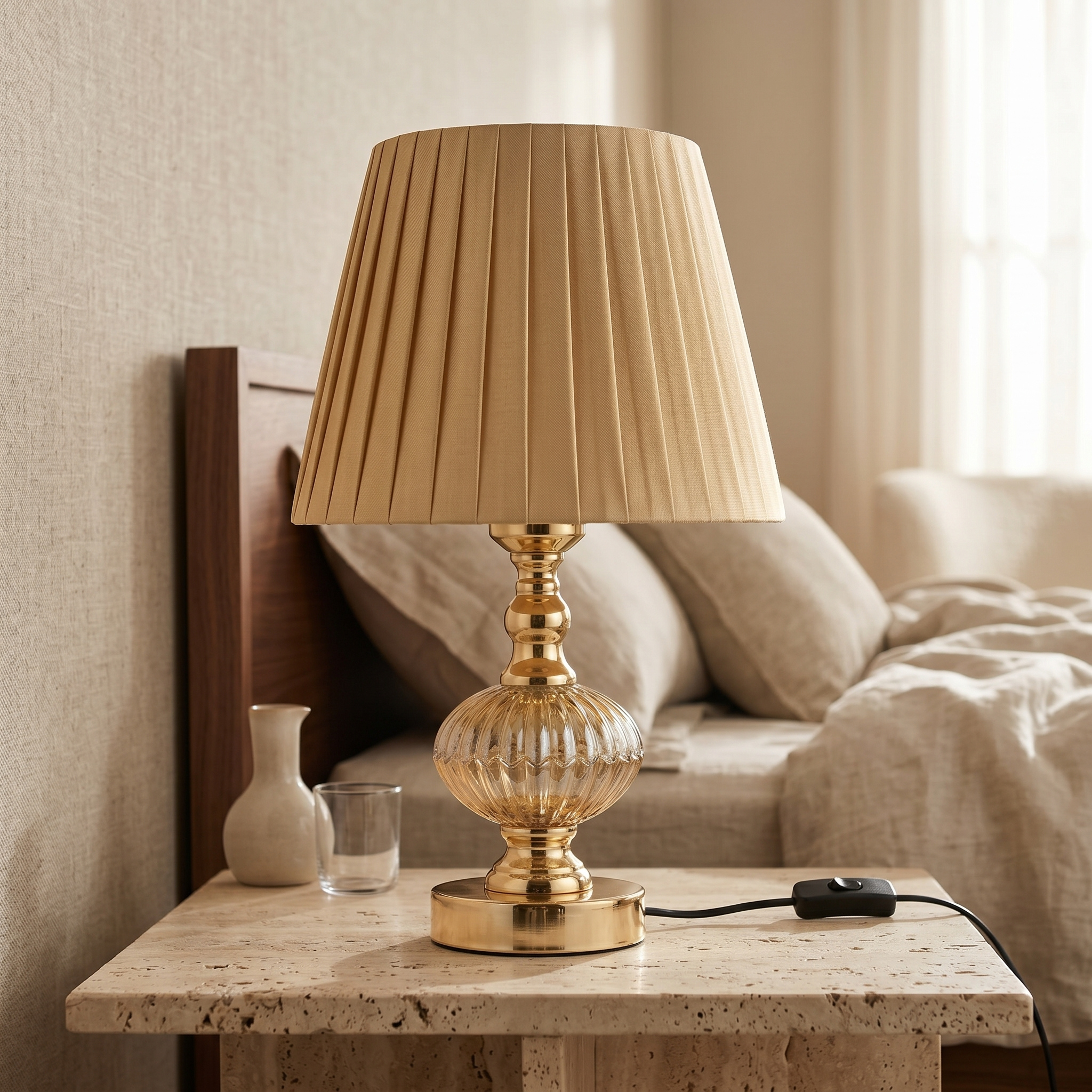 Lampe à Poser Dorée Tunisie | Chevet Chic Abat-Jour Plissé | Fiolla Home