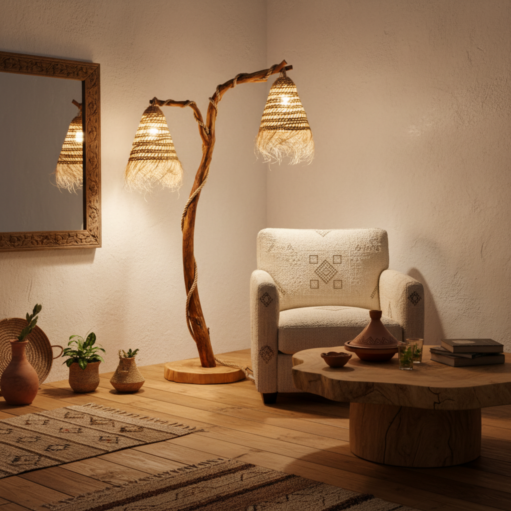 Lampadaire Artisanal en Bois Flotté et Fibres Naturelles – Design Unique