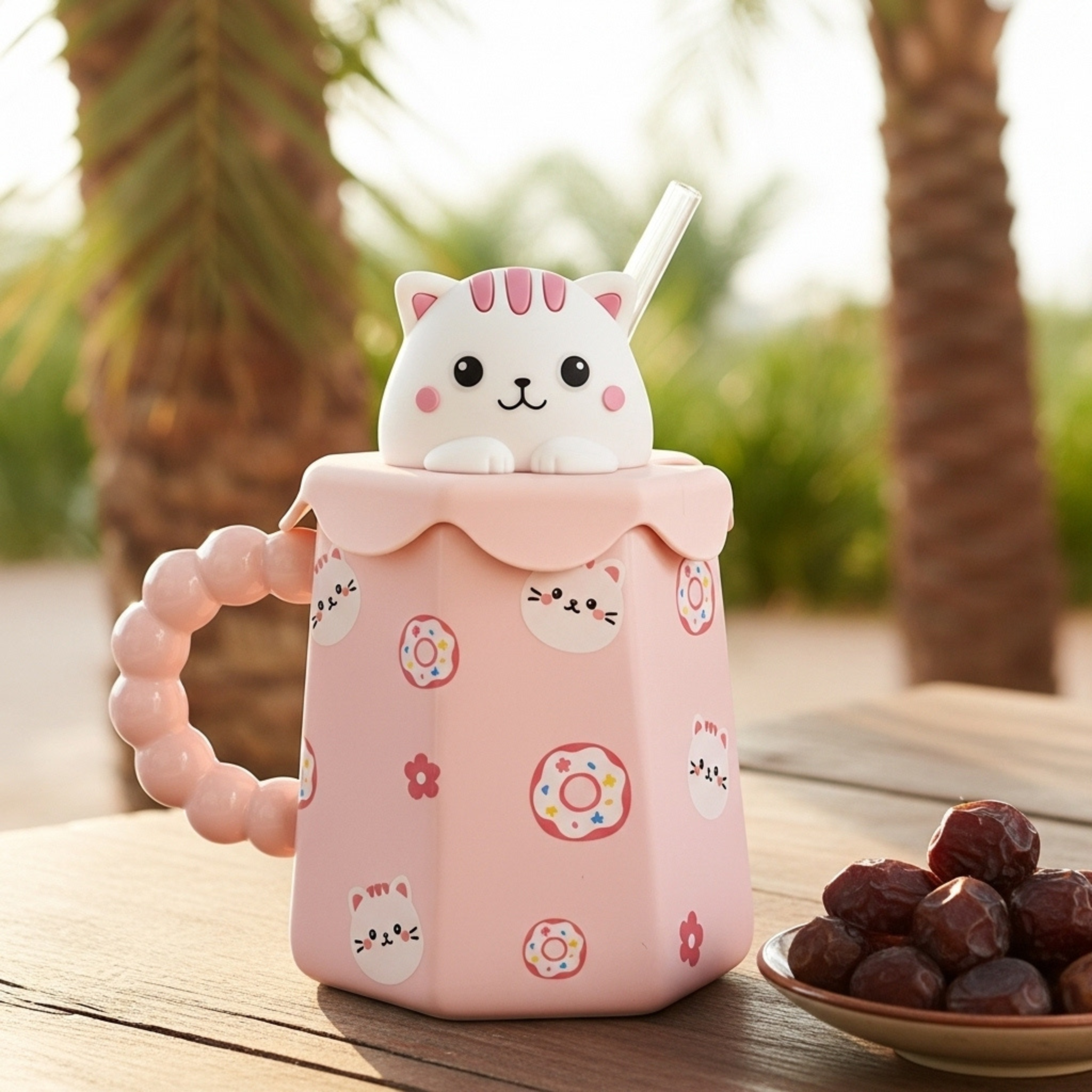 Mug Chat Rose avec Paille – Couvercle 3D & Poignée Perlée