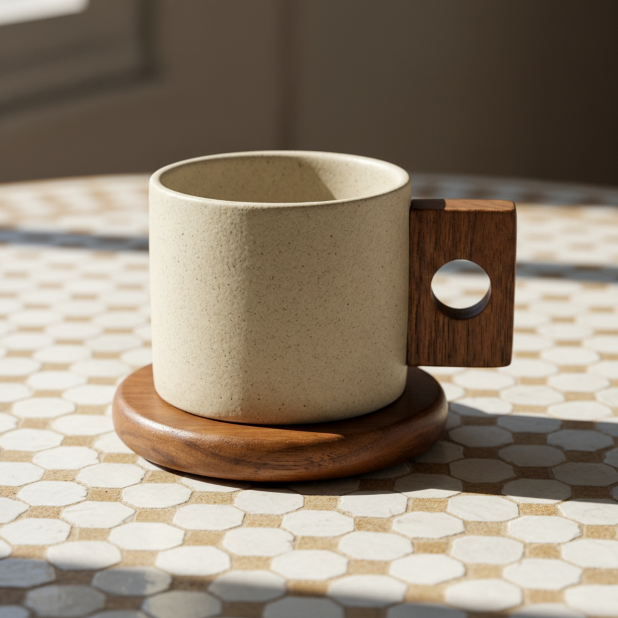 Mug Design Minimaliste en Céramique avec Anse Bois – Style Premium Tunisie