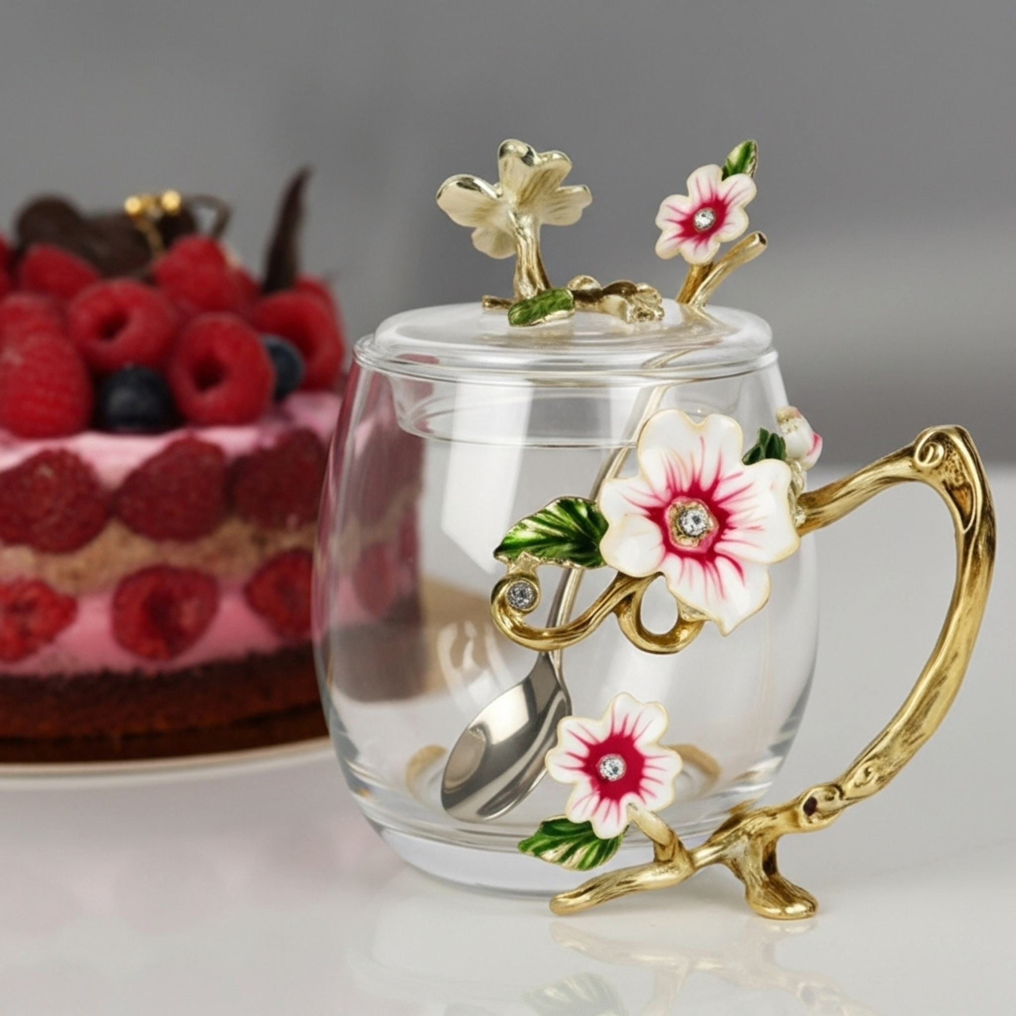 Mug Élégant en Verre et Métal Doré avec Détails Floraux et Cuillère
