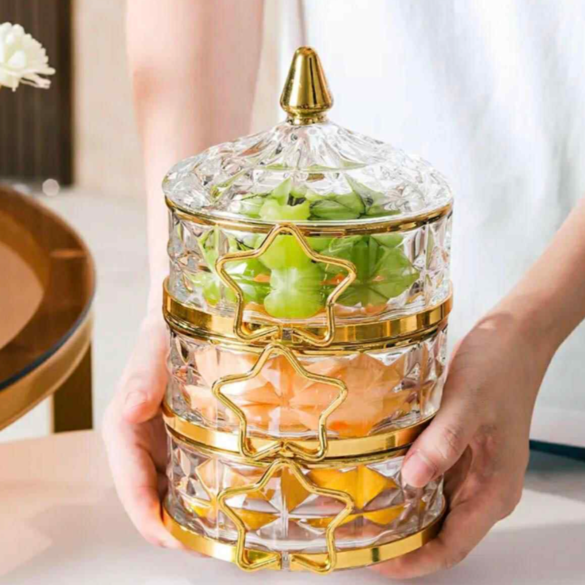 Bonbonnière 3 Niveaux Tunisie | Verre Ciselé, Étoiles Dorées | Fiolla Home