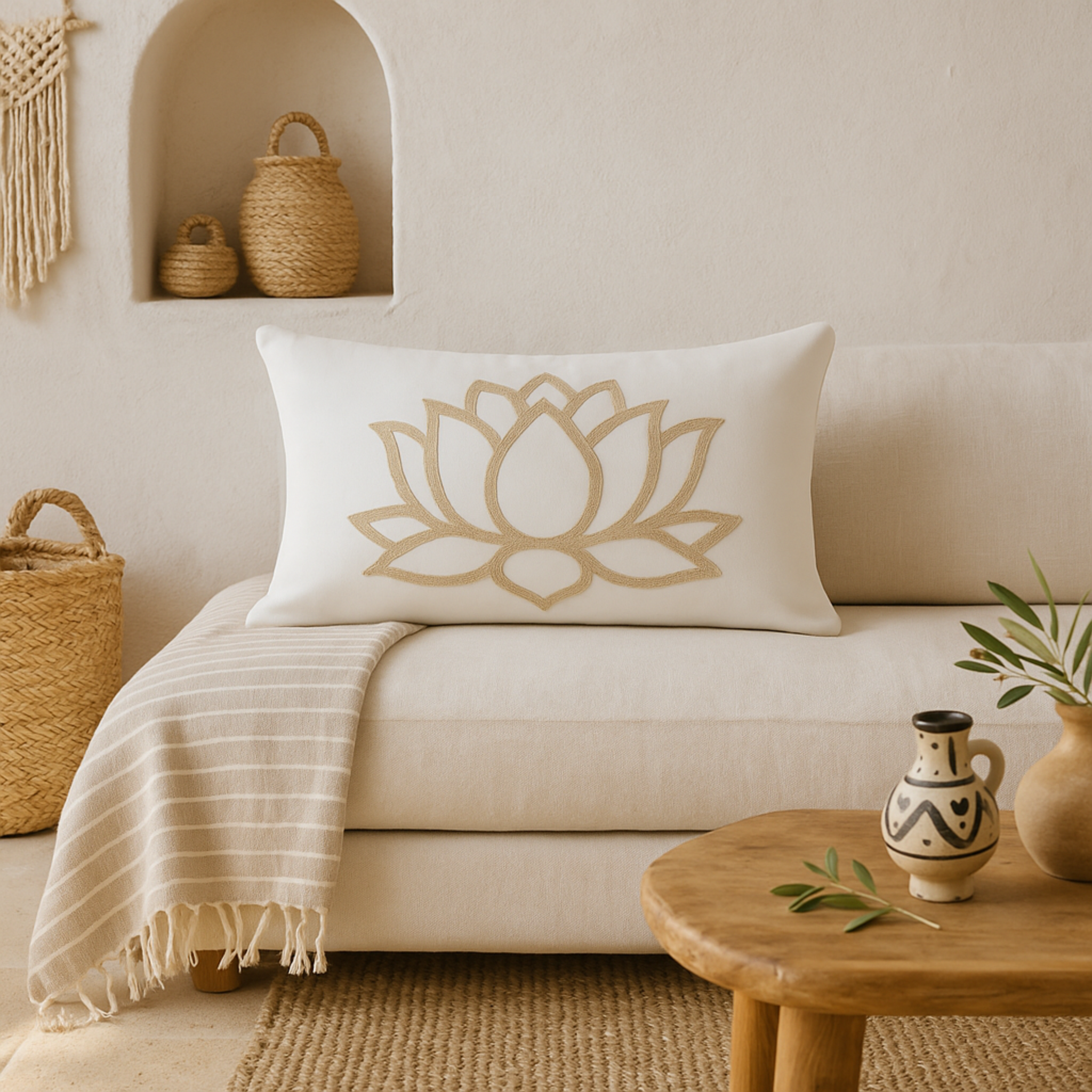 Coussin Rectangulaire Lotus Beige – Élégance Zen | Fiolla Home Tunisie