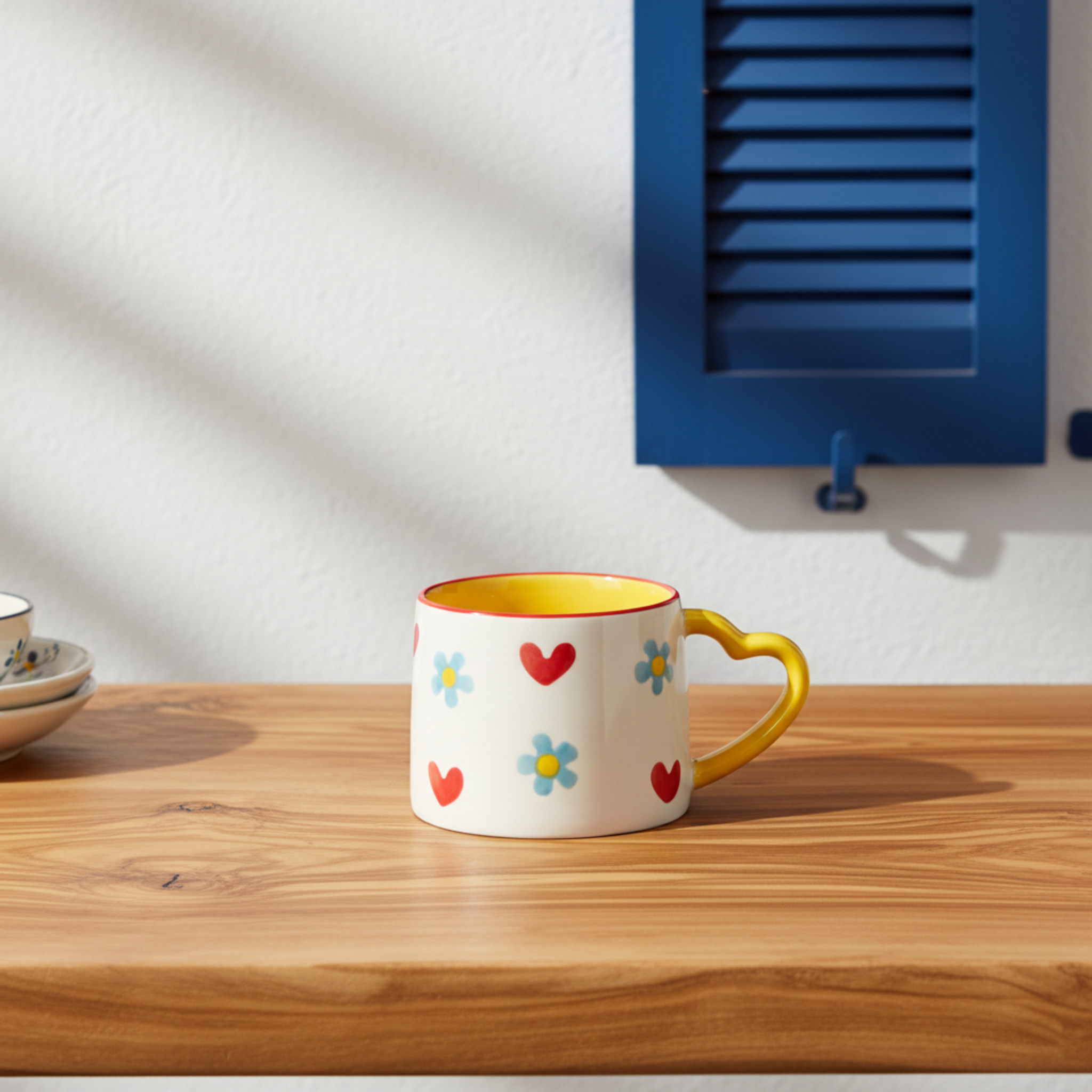 Mug Cœurs et Fleurs | Anse Jaune en Forme de Cœur