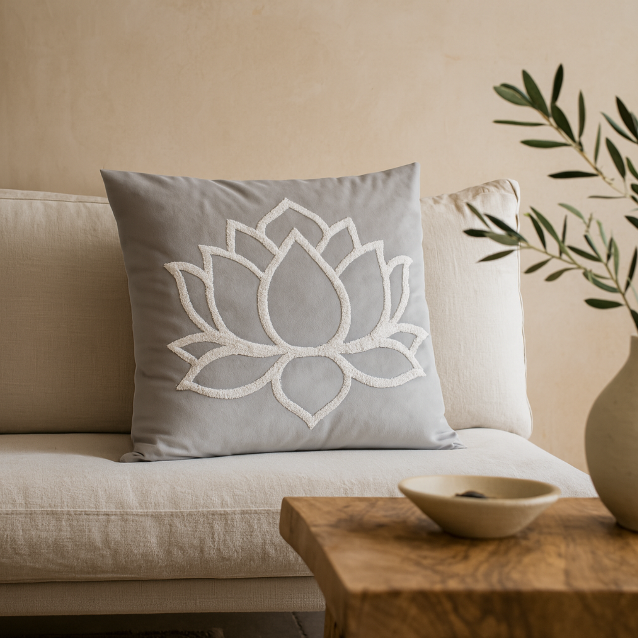 Coussin décoratif Gris Tunisie – Lotus Zen | Fiolla Home