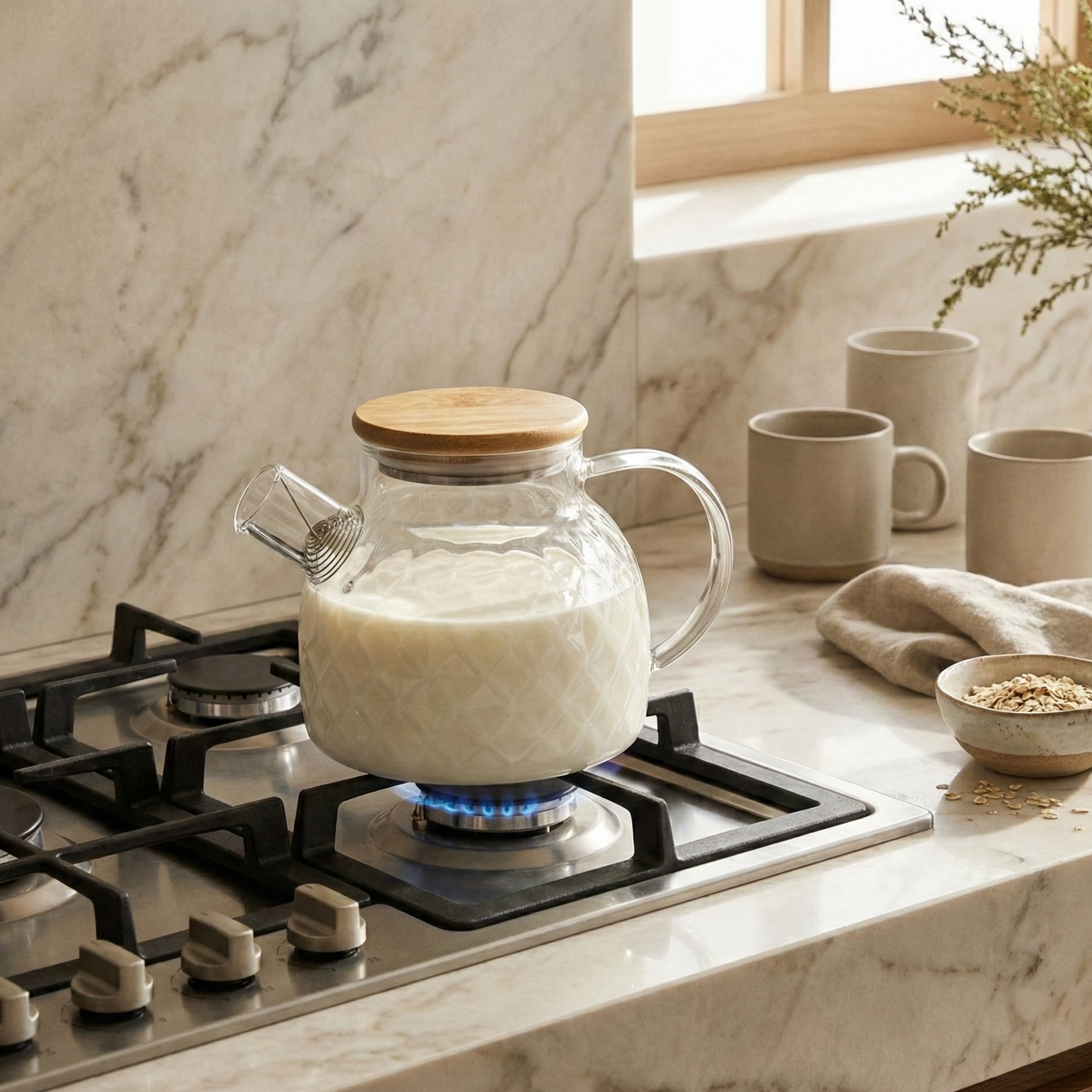 Théière en Verre Texturé & Couvercle Bambou – Design Élégant