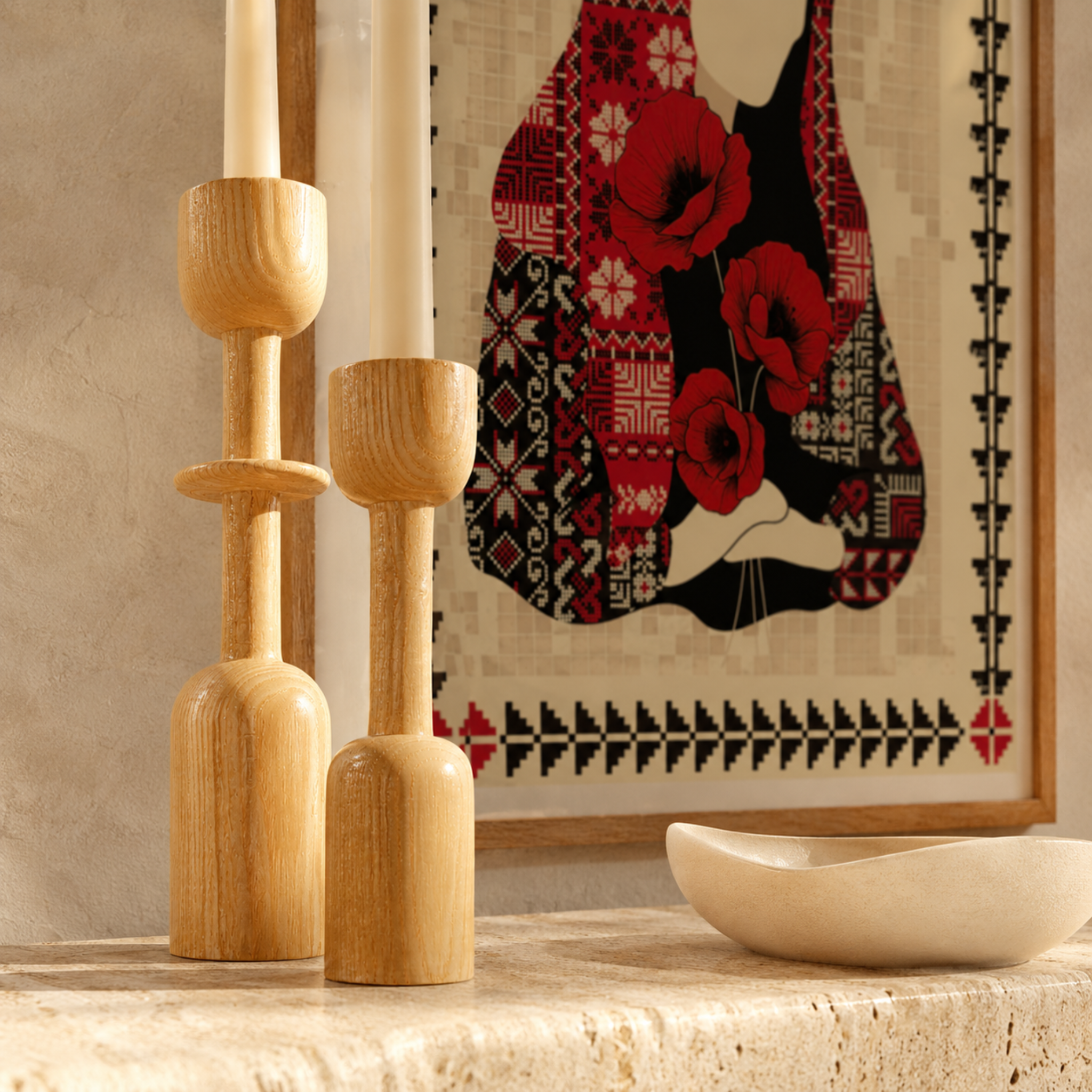Lot 2 Bougeoirs Bois Tunisie | Porte-Bougies Clair Artisanal | Fiolla Home