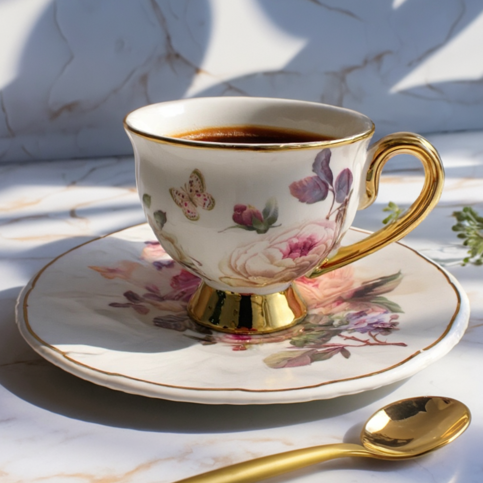 Service café noir en Porcelaine Fleurie | Élégance Dorée | Fiolla Home