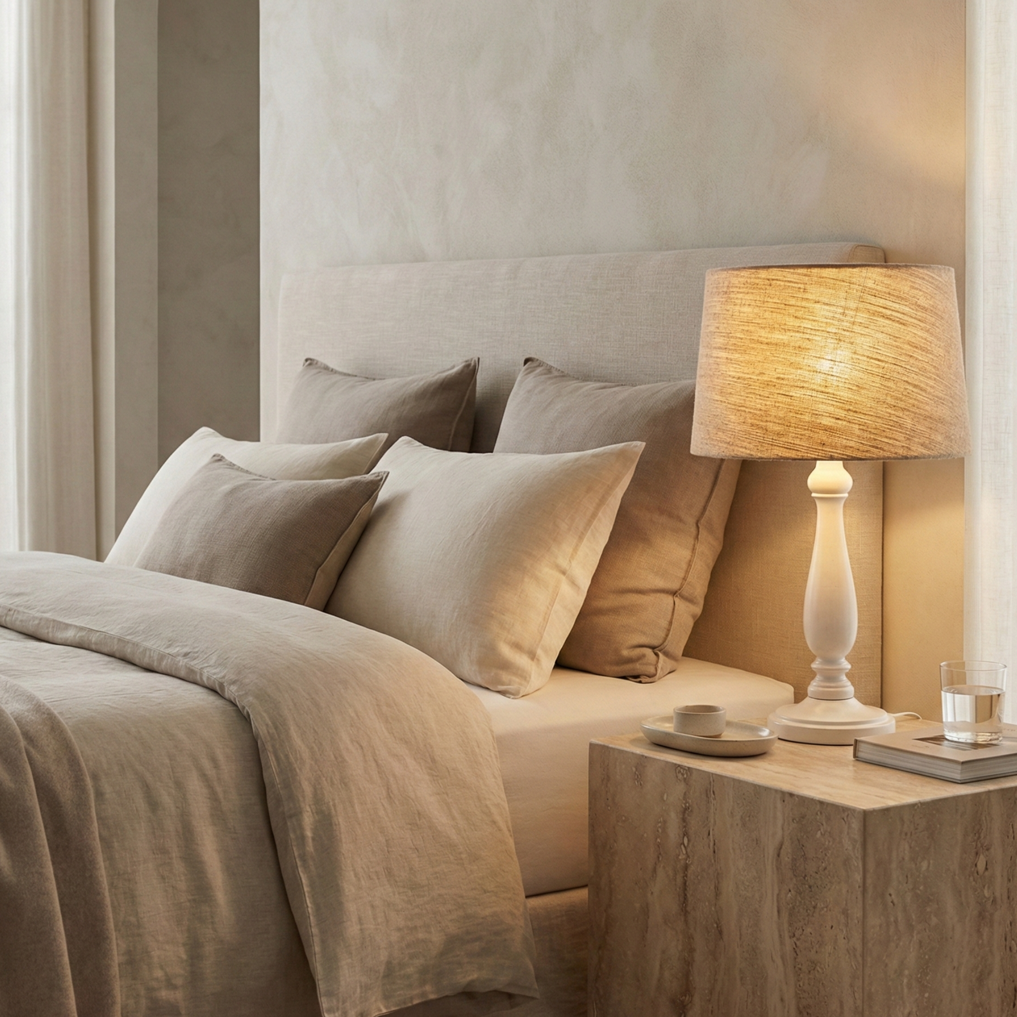 Lampe de Table Artisanale en Bois Tourné & Lin – Design Chic Tunisie