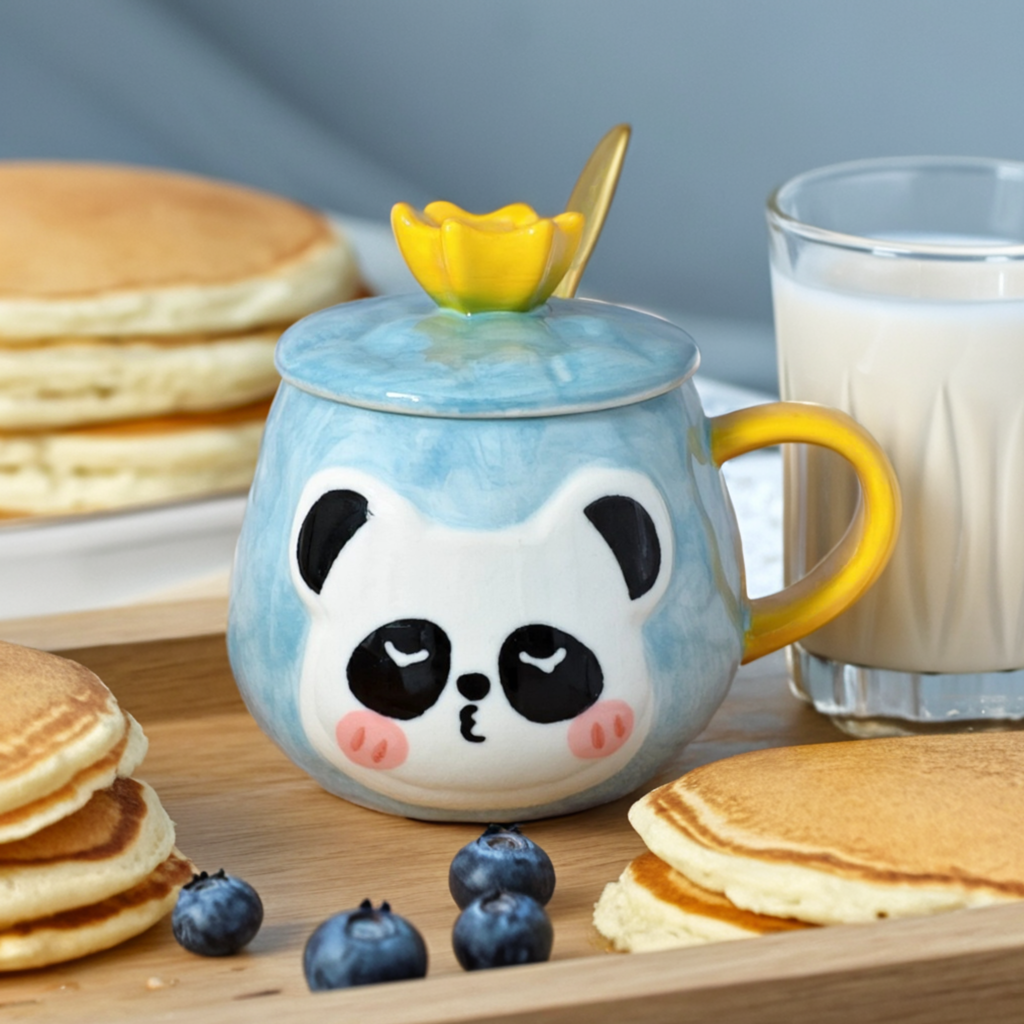 Mug Panda Kawaii | Couvercle Fleur & Cuillère Dorée | Fiolla Home