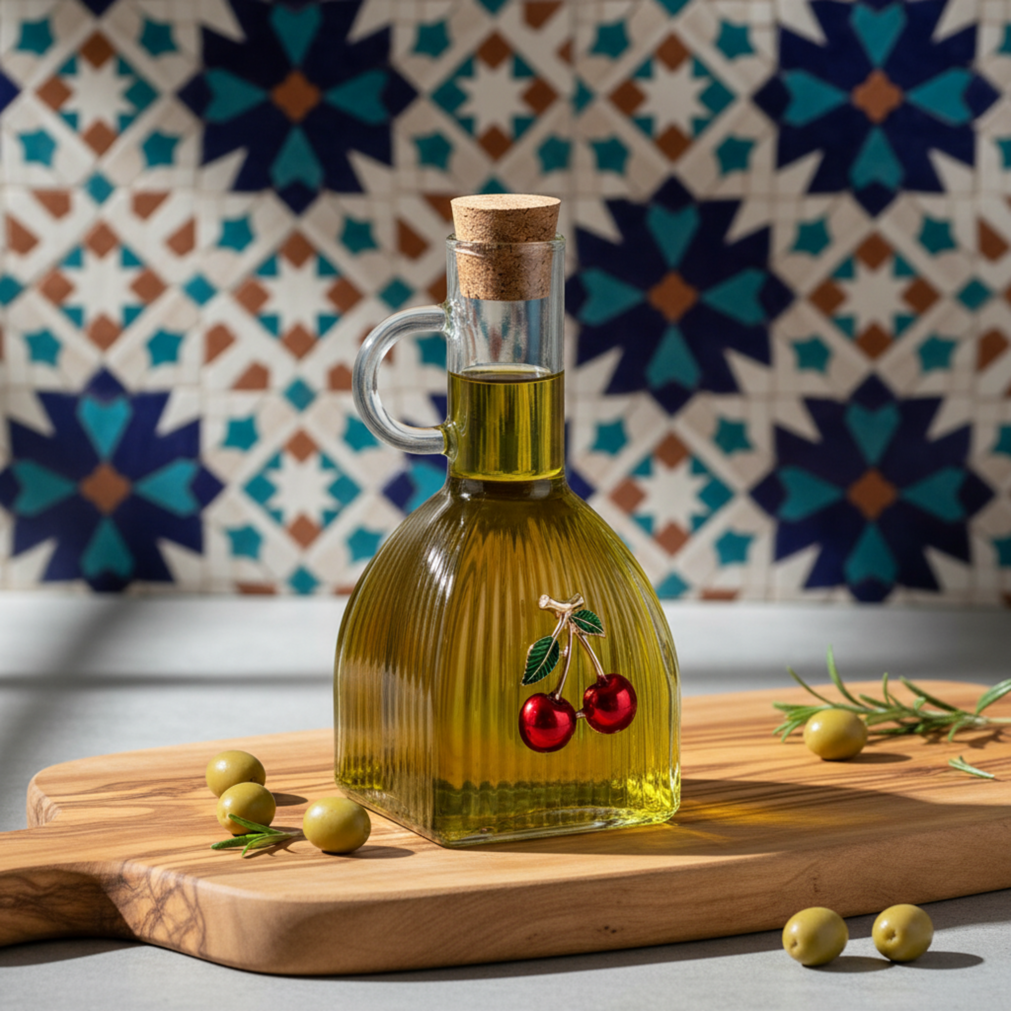 Huilier en Verre Côtelé Motif Cerises - Design Élégant Tunisie